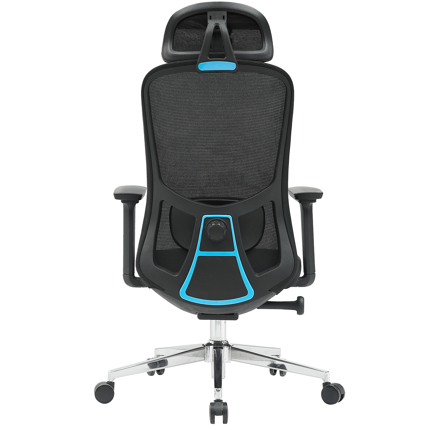 Vista trasera de una silla de oficina ergonómica negra con detalles azules y respaldo de malla.