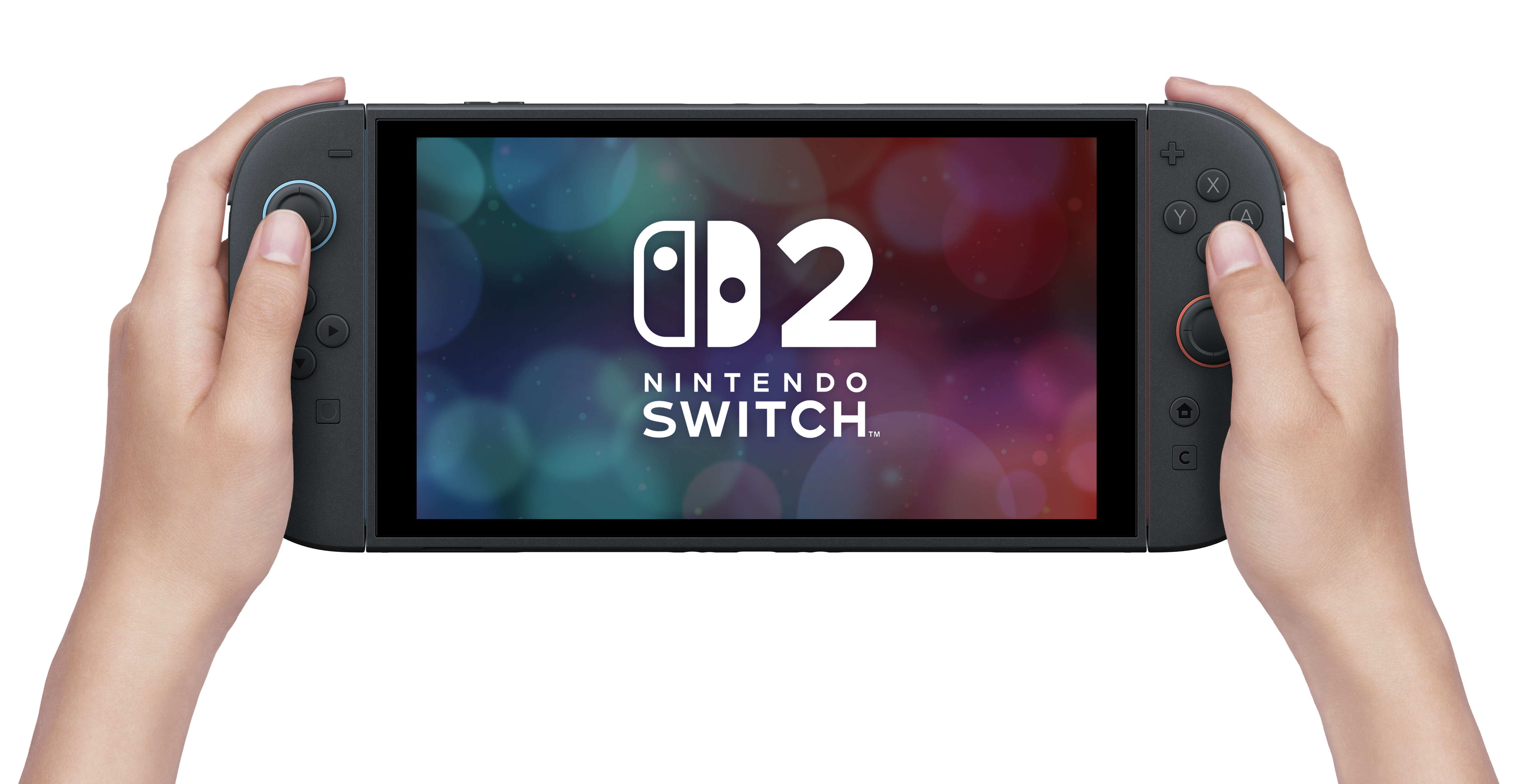 Eller renkli bokeh arka planına sahip bir Nintendo Switch tutuyor.