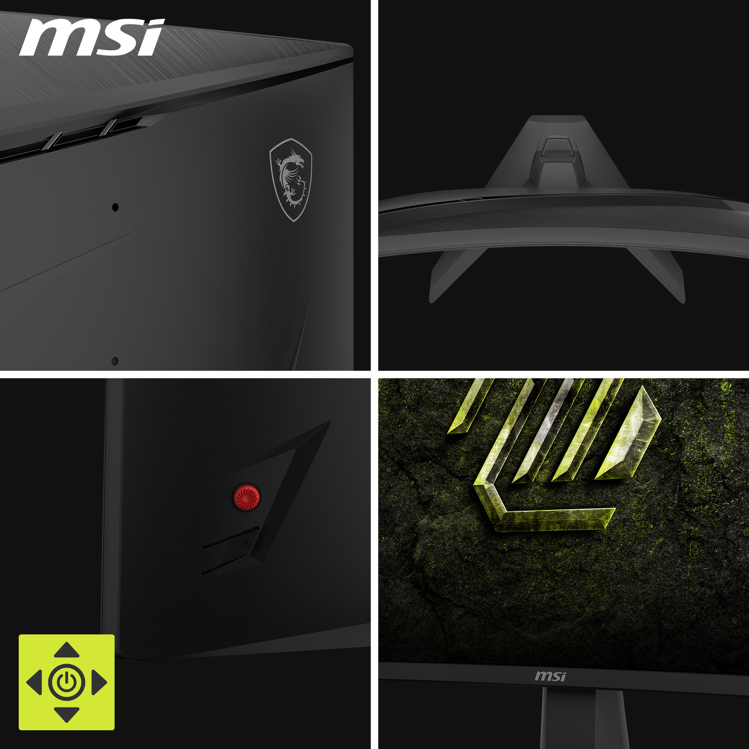 Quattro primi piani di un monitor MSI nero, che mostrano loghi ed elementi di controllo.