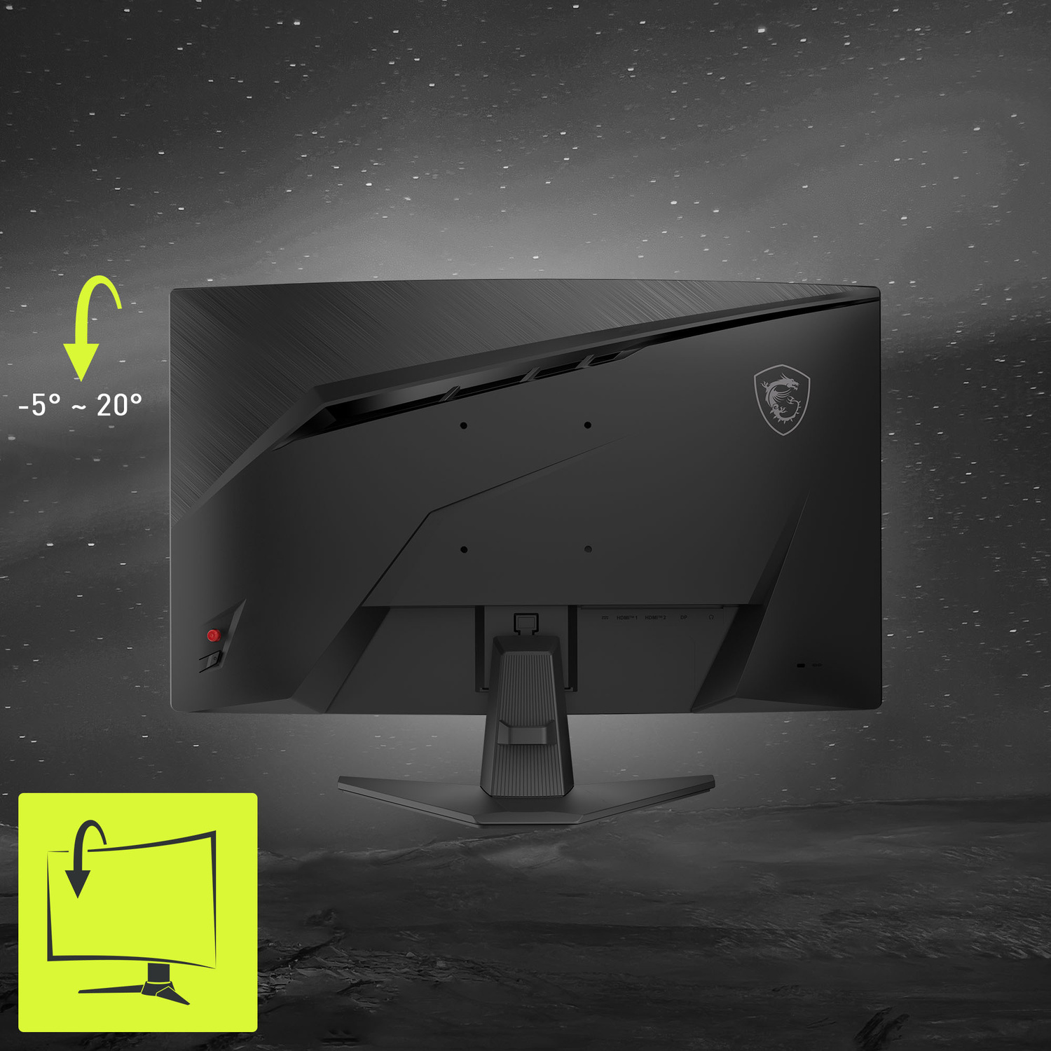 Retro di un monitor nero con logo MSI e dettagli di connessione.