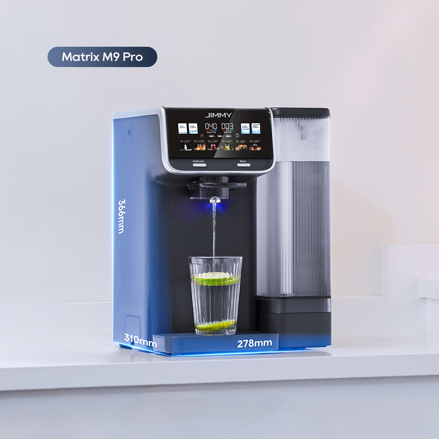 Distributore d'acqua blu JIMMY Matrix M9 Pro riempie bicchiere. Dimensioni mostrate.