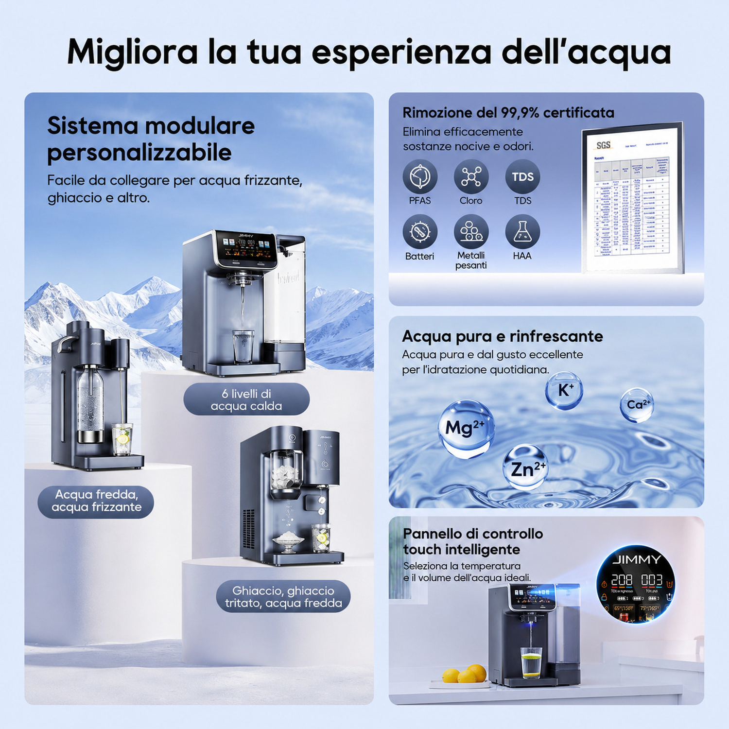 Erogatore d'acqua modulare con opzioni di acqua fredda, frizzante, calda e ghiaccio.