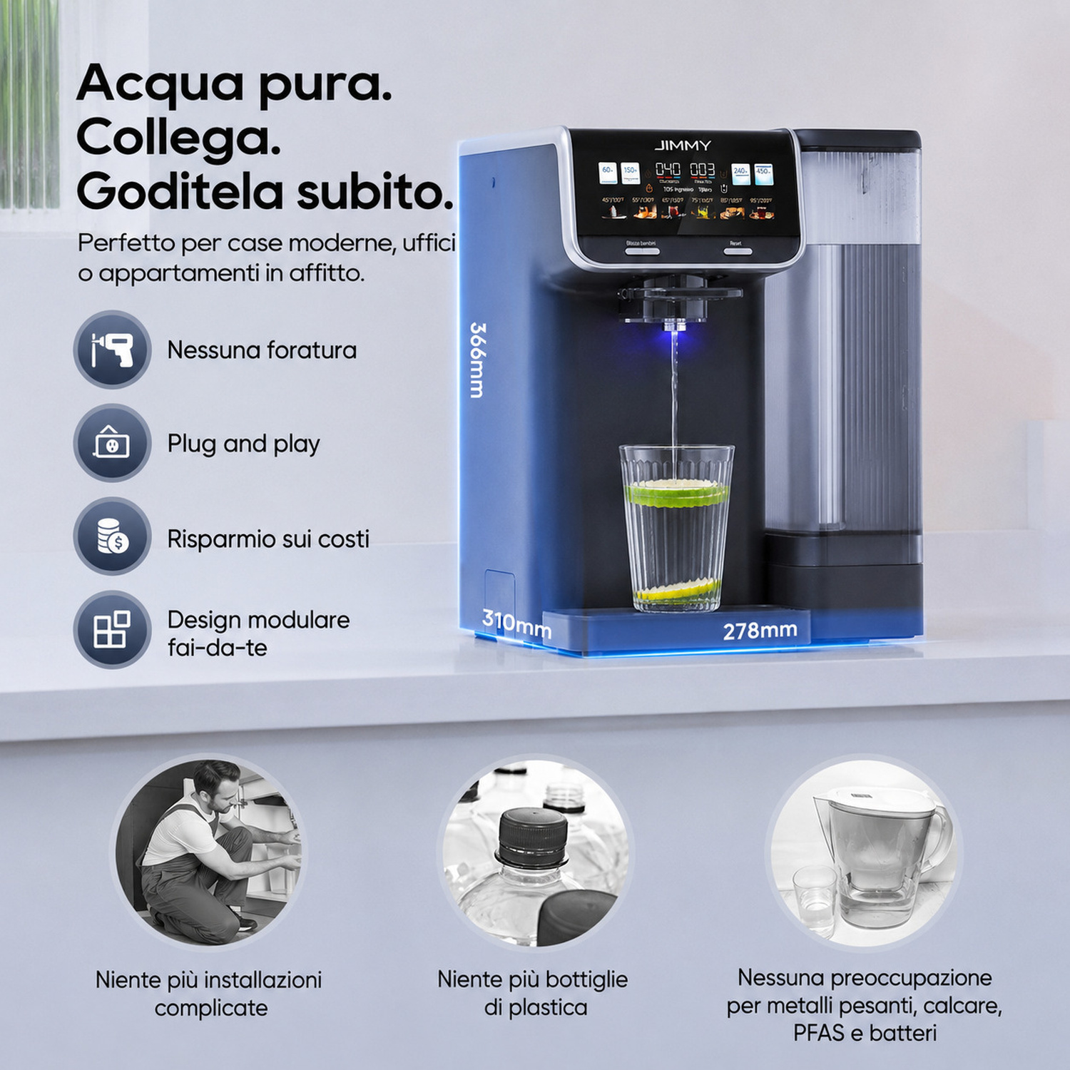 Erogatore d'acqua blu con bicchiere, acqua che scorre, display digitale, dimensioni.