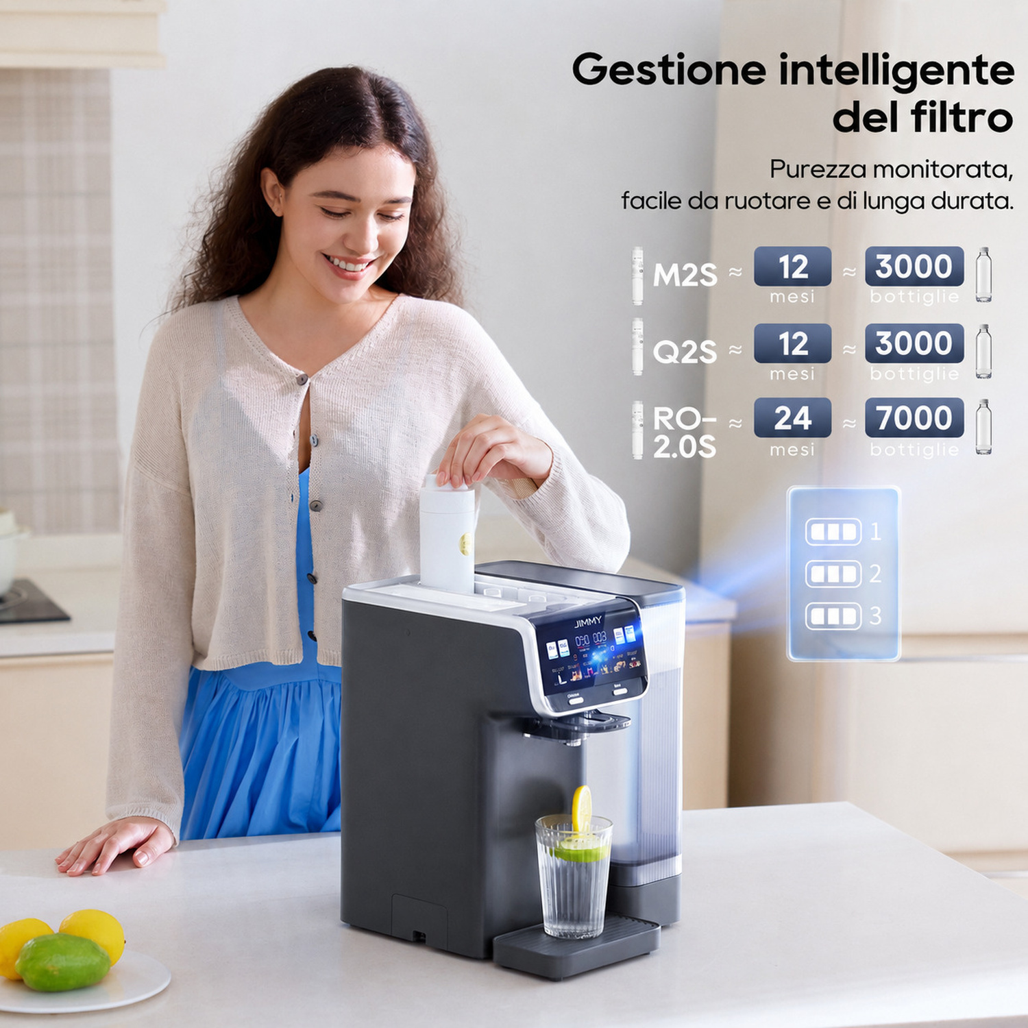 Donna a un erogatore d'acqua con stato filtro e limoni.