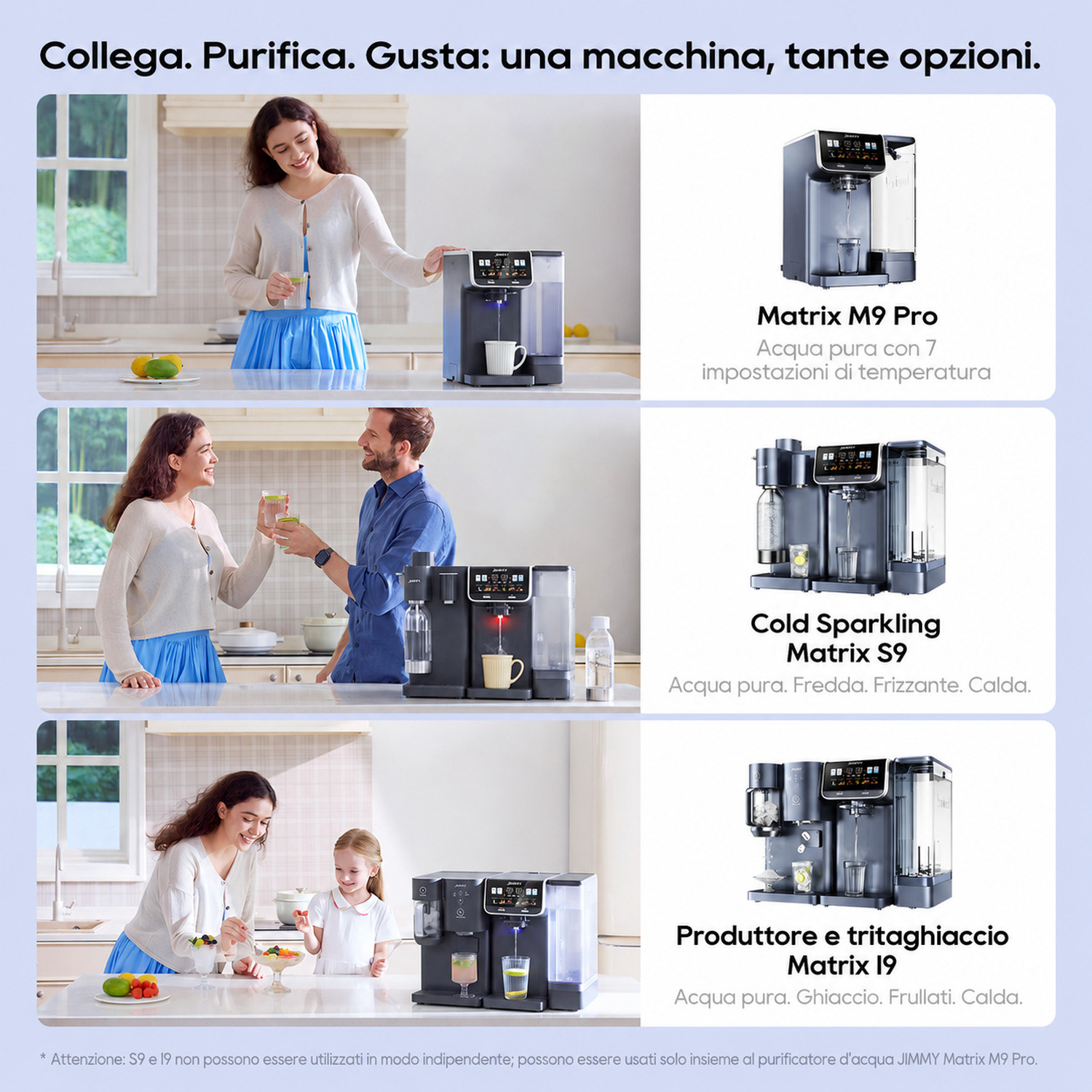 Tre opzioni di dispenser d'acqua: calda, fredda, frizzante, con ghiaccio e per frullati.