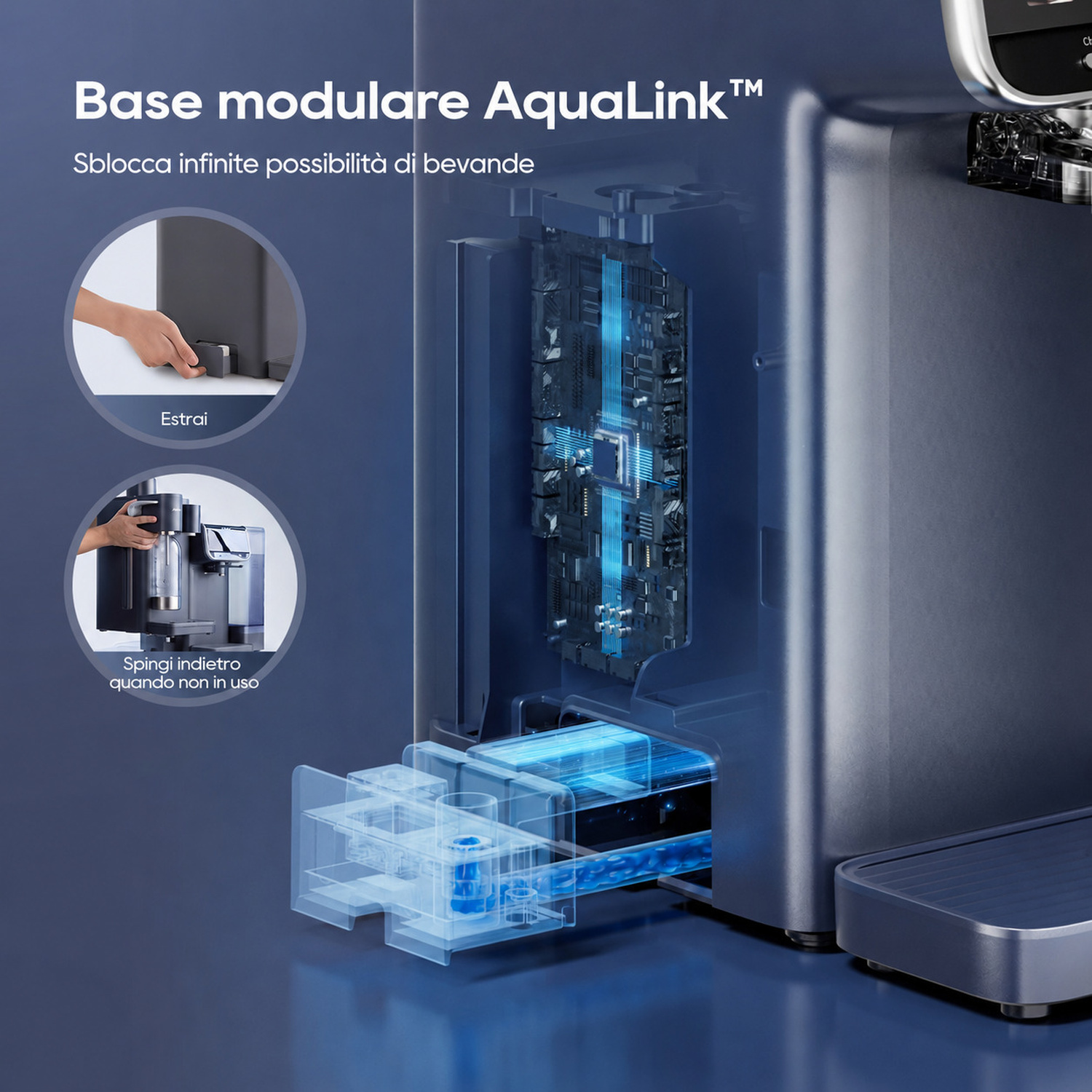 Base modulare AquaLink con componente estraibile e display elettronico.