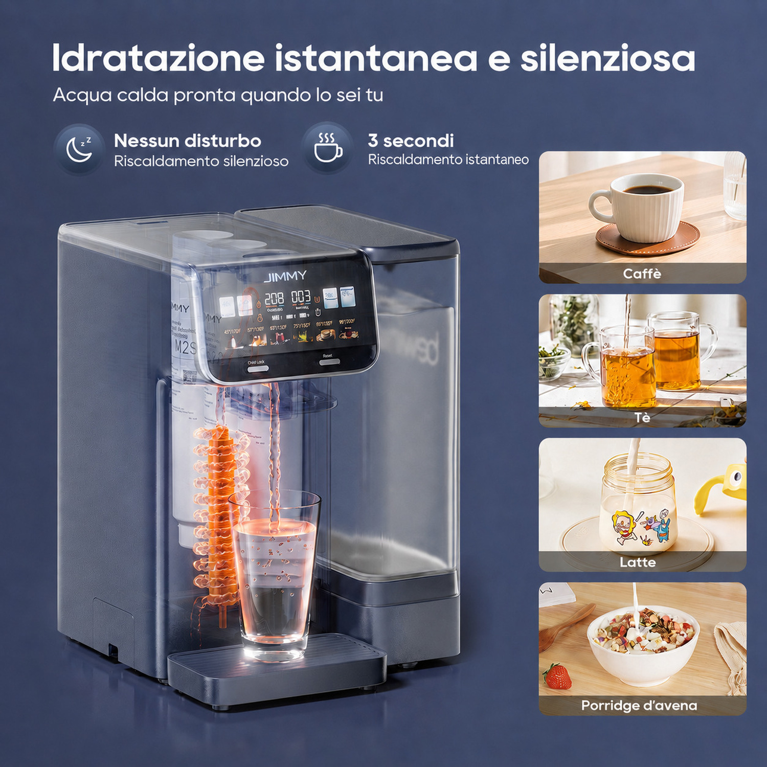 Un erogatore di acqua calda con immagini di caffè, tè, latte e porridge d'avena.
