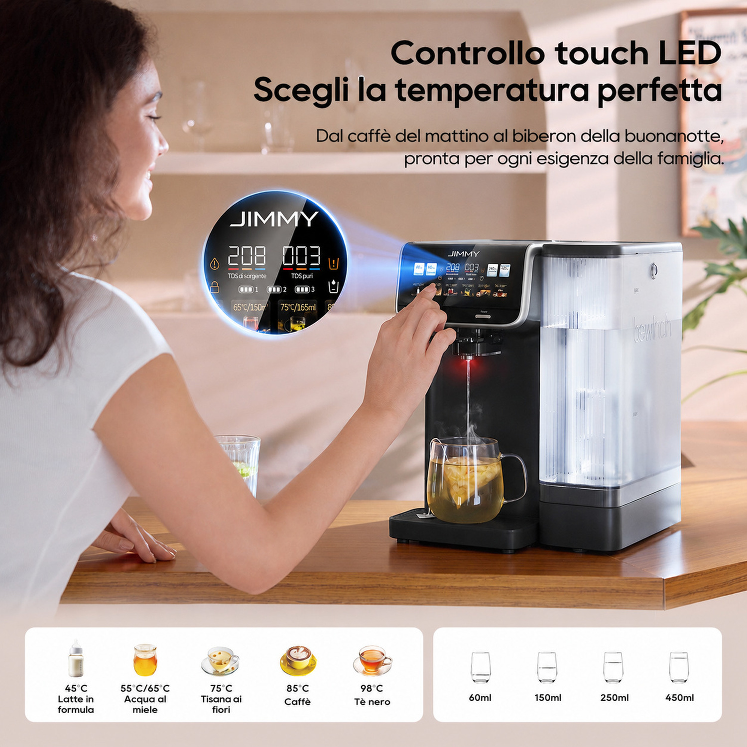 Una donna sorride mentre usa un erogatore d'acqua con touch screen LED che mostra varie temperature.