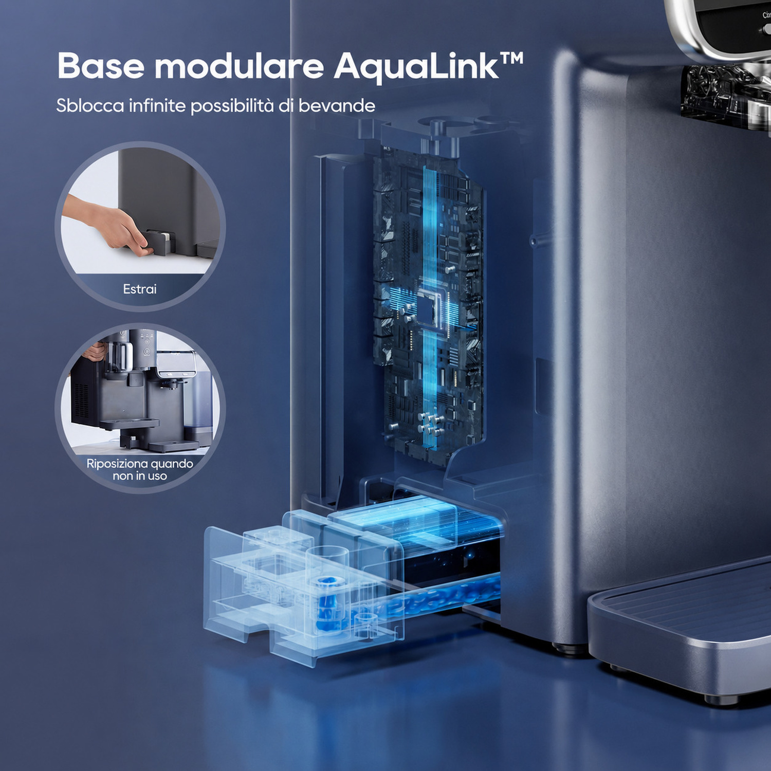Base modulare AquaLink con vano estraibile ed elettronica dettagliata.