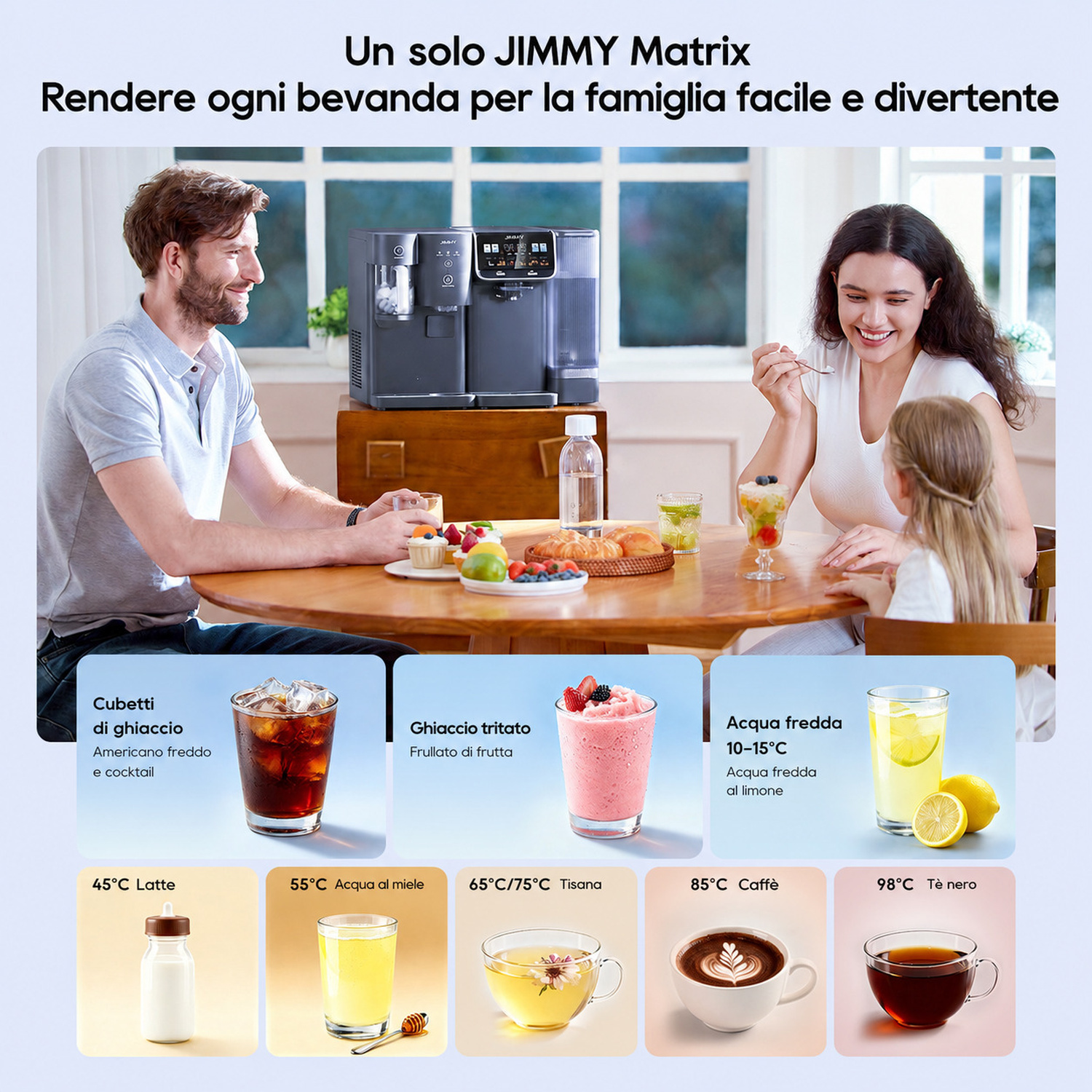 Famiglia a tavola con macchina del ghiaccio, cubetti, frullato, acqua limone, latte, acqua miele, tè, caffè.