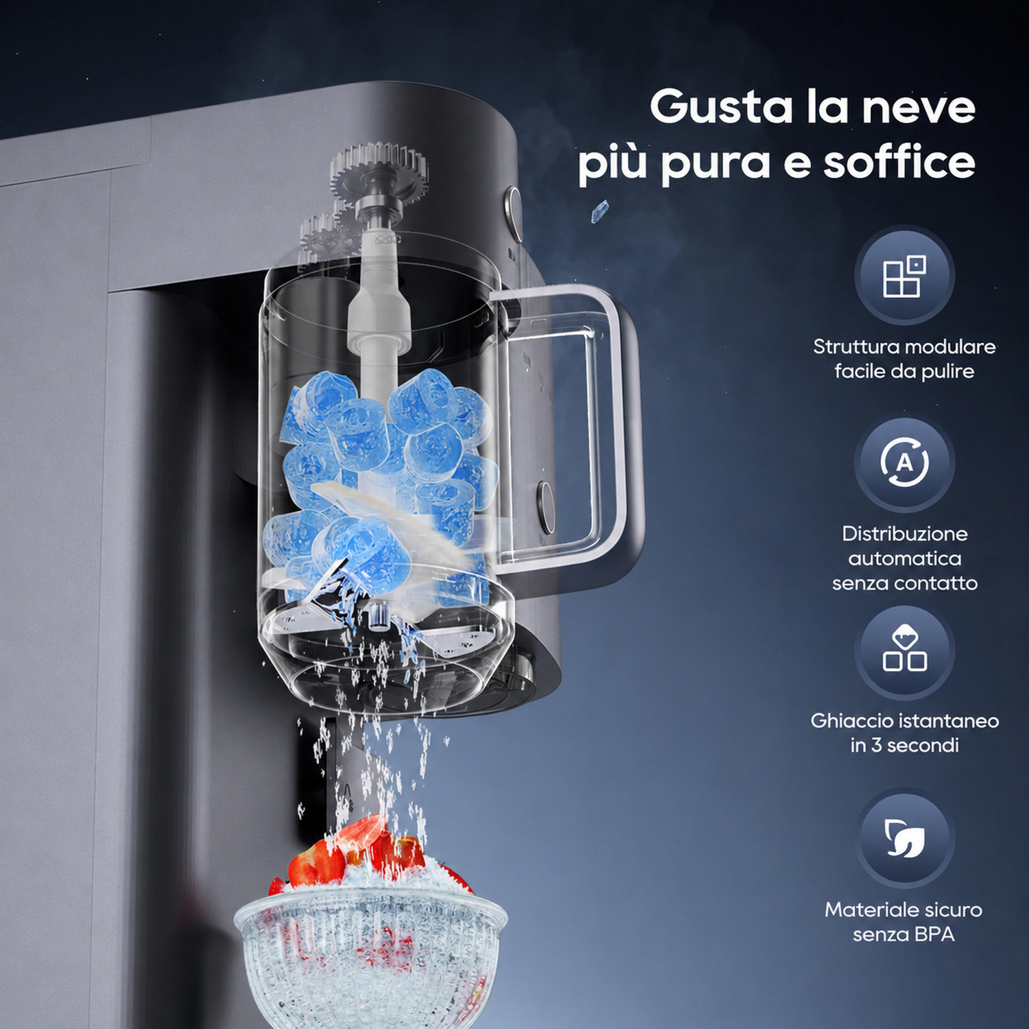 Macchina del ghiaccio con ghiaccio blu e fragole in una ciotola.