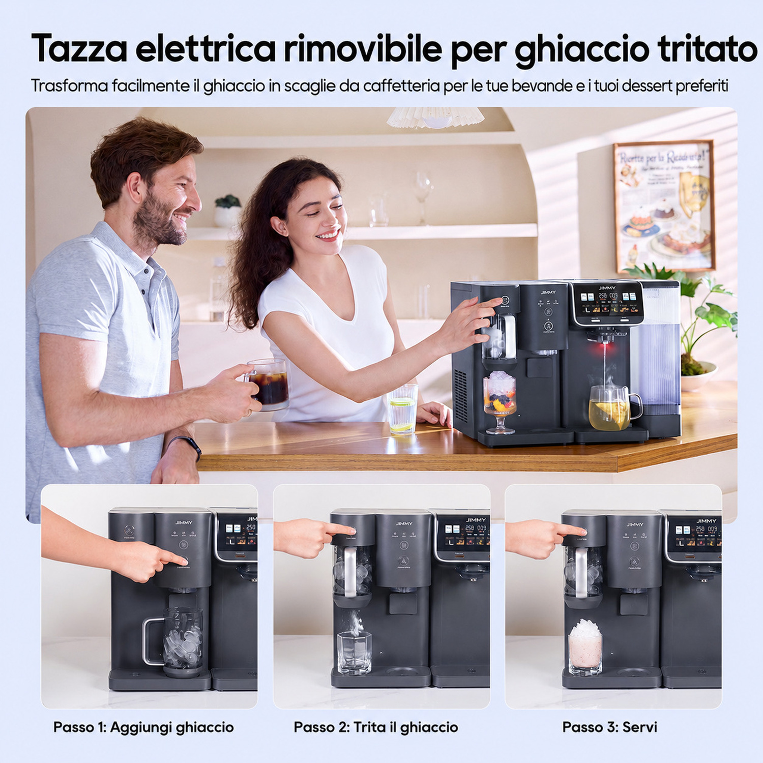 Uomo e donna sorridono mentre preparano una bevanda. Macchina del ghiaccio.