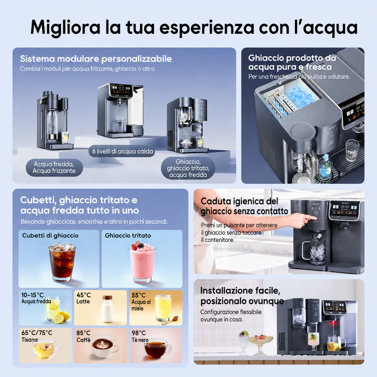 Un erogatore d'acqua multifunzione con cubetti di ghiaccio e ghiaccio tritato.