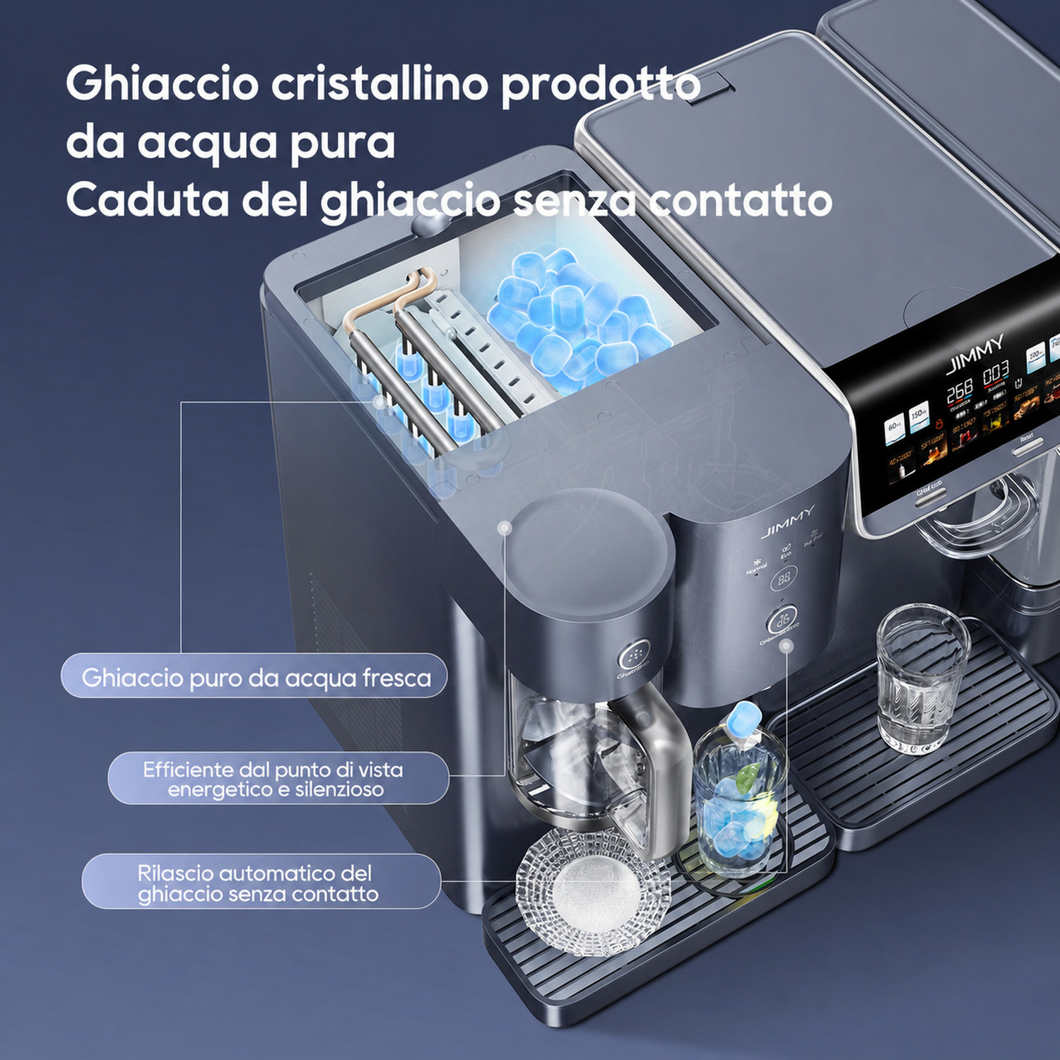 Una moderna macchina per il ghiaccio con vano cubetti e display digitale.
