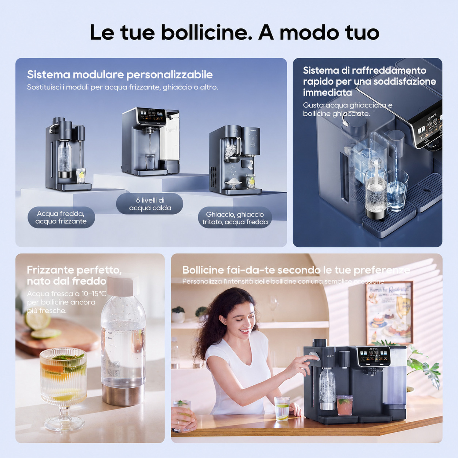 Sistema modulare erogatore acqua: opzioni frizzante, ghiaccio, calda.