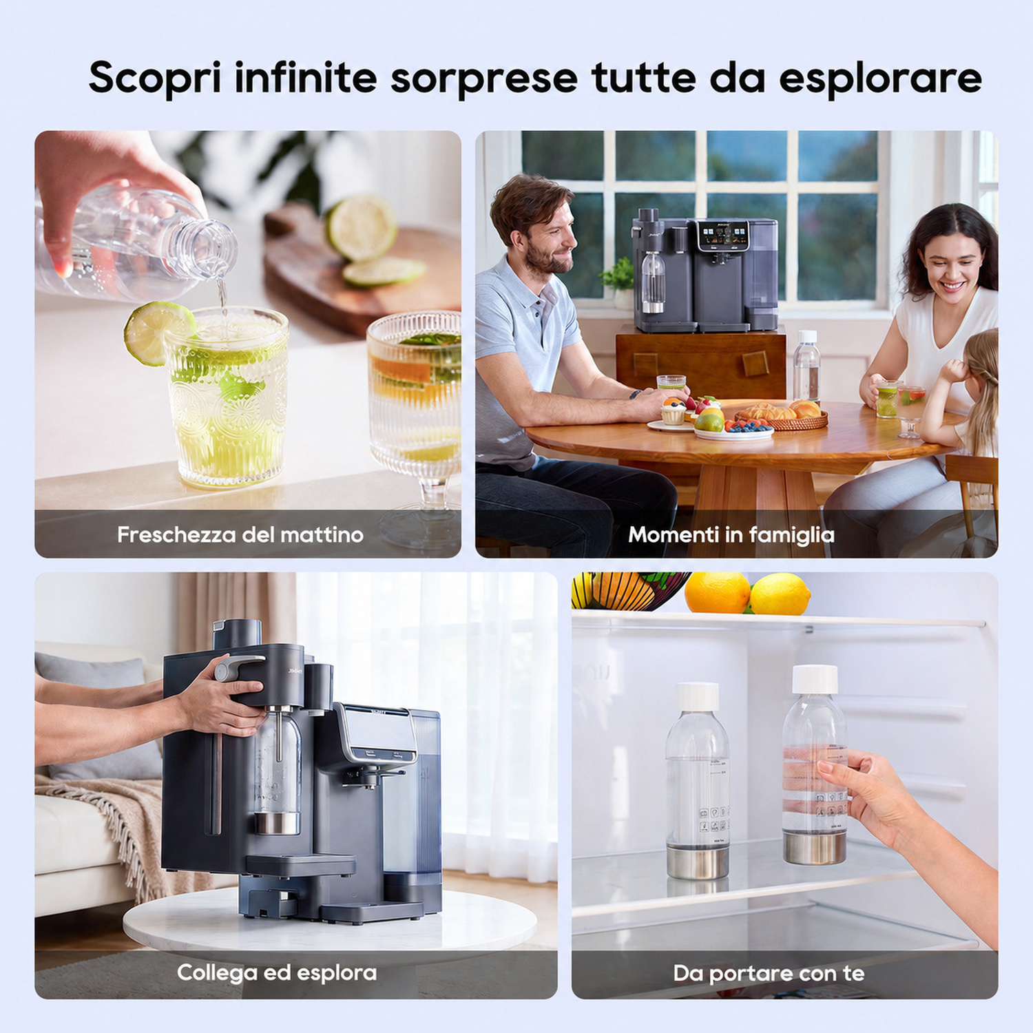 Quattro scene: Versare acqua in bicchieri, famiglia a tavola, dispositivo, bottiglie in frigo.