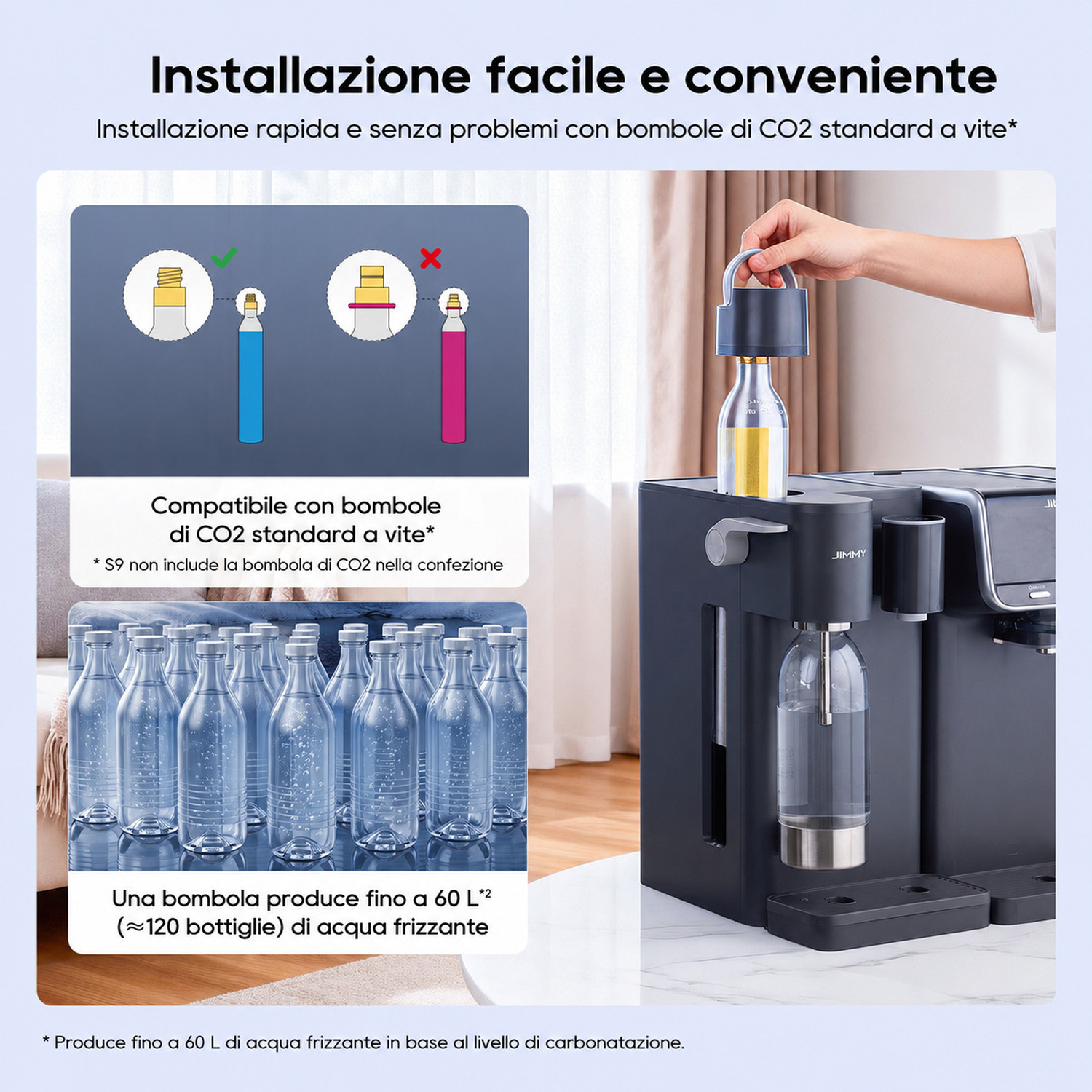 Gasatore con bombole di CO2 e bottiglie d'acqua. Facile installazione.