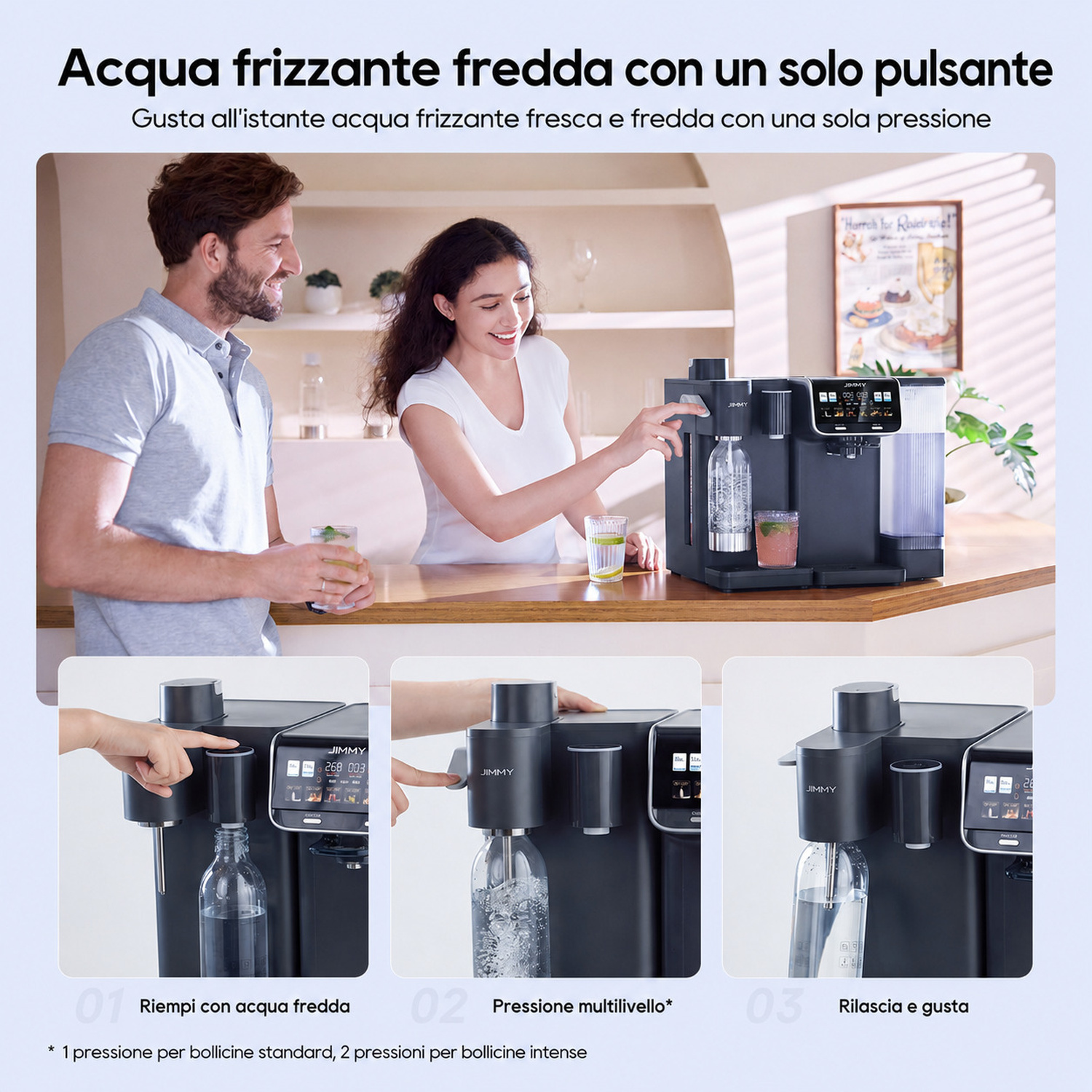 Una coppia usa una macchina per acqua frizzante. Vengono mostrati tre passaggi.