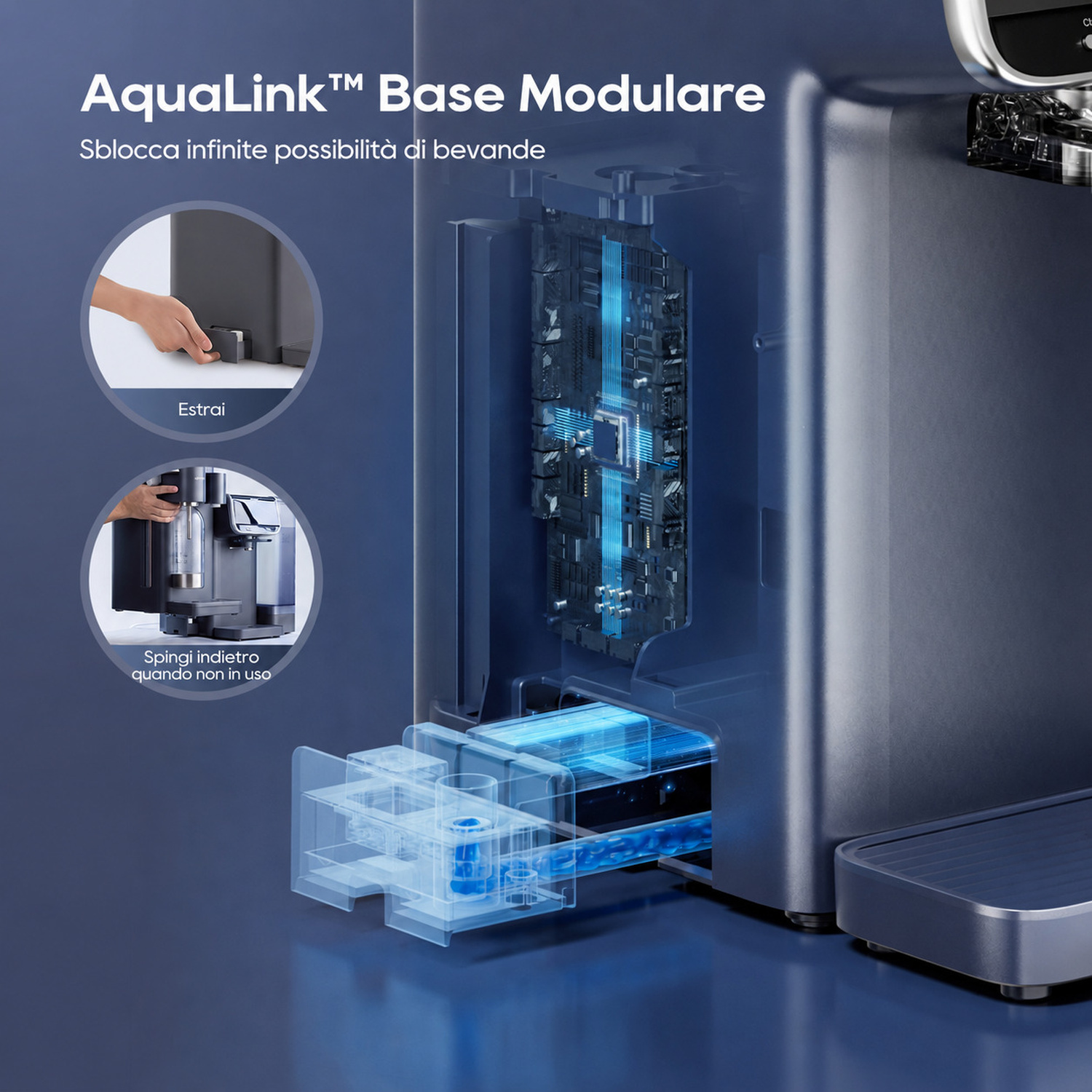 Base modulare AquaLink con dettagli sulla tecnologia e sul funzionamento.