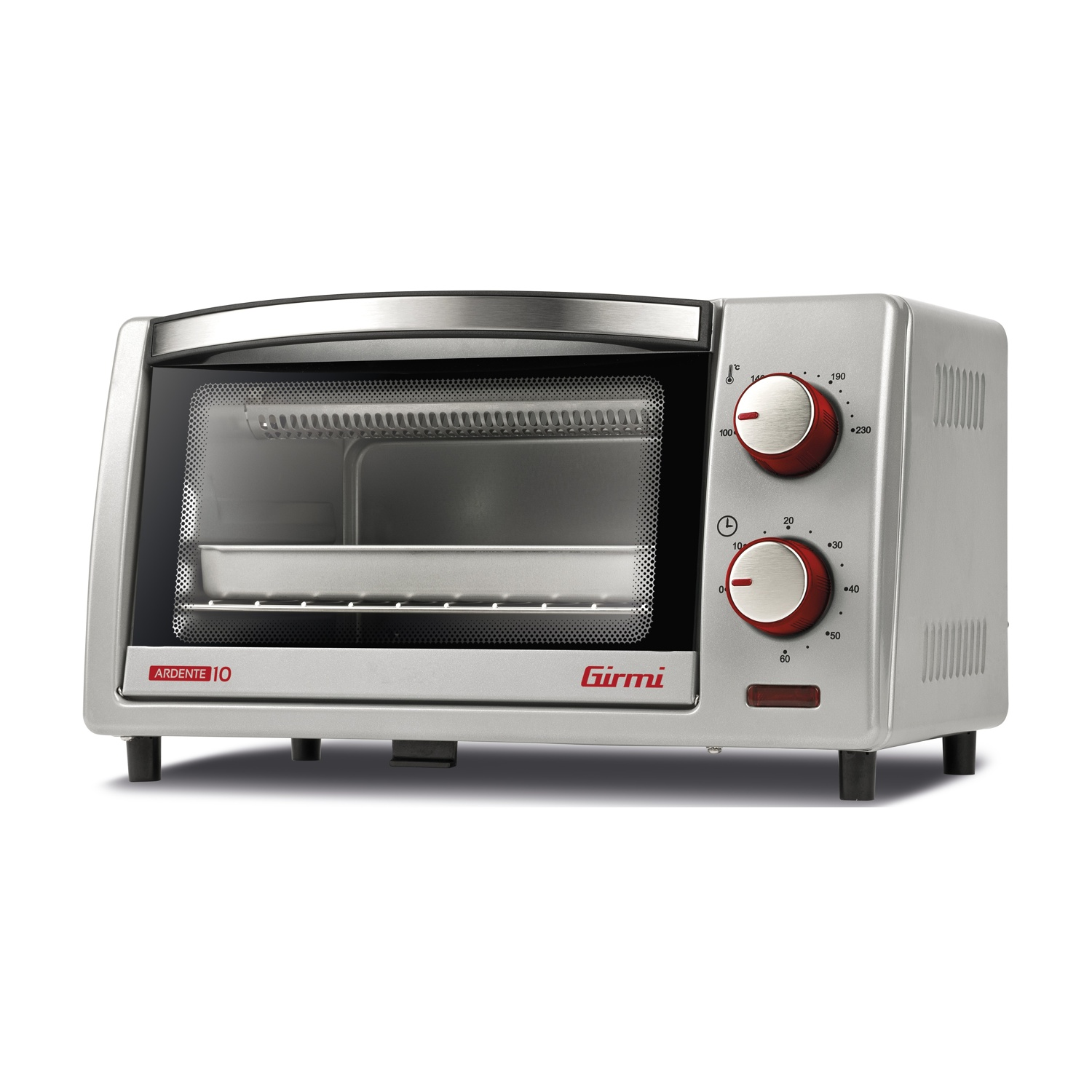 Un forno elettrico da banco argentato con manopole rosse e porta in vetro.