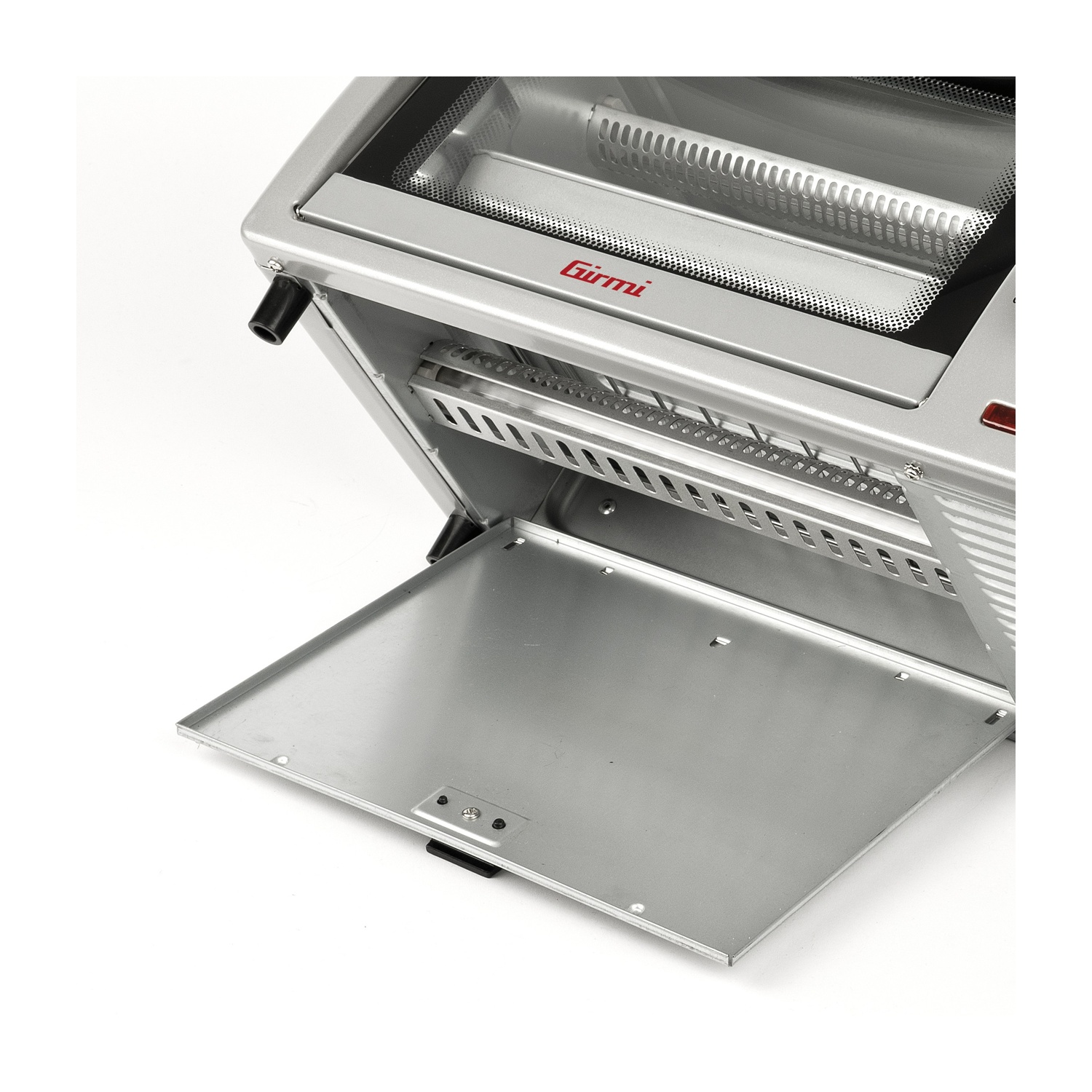 Forno tostapane argento con vassoio raccoglibriciole aperto e resistenze.