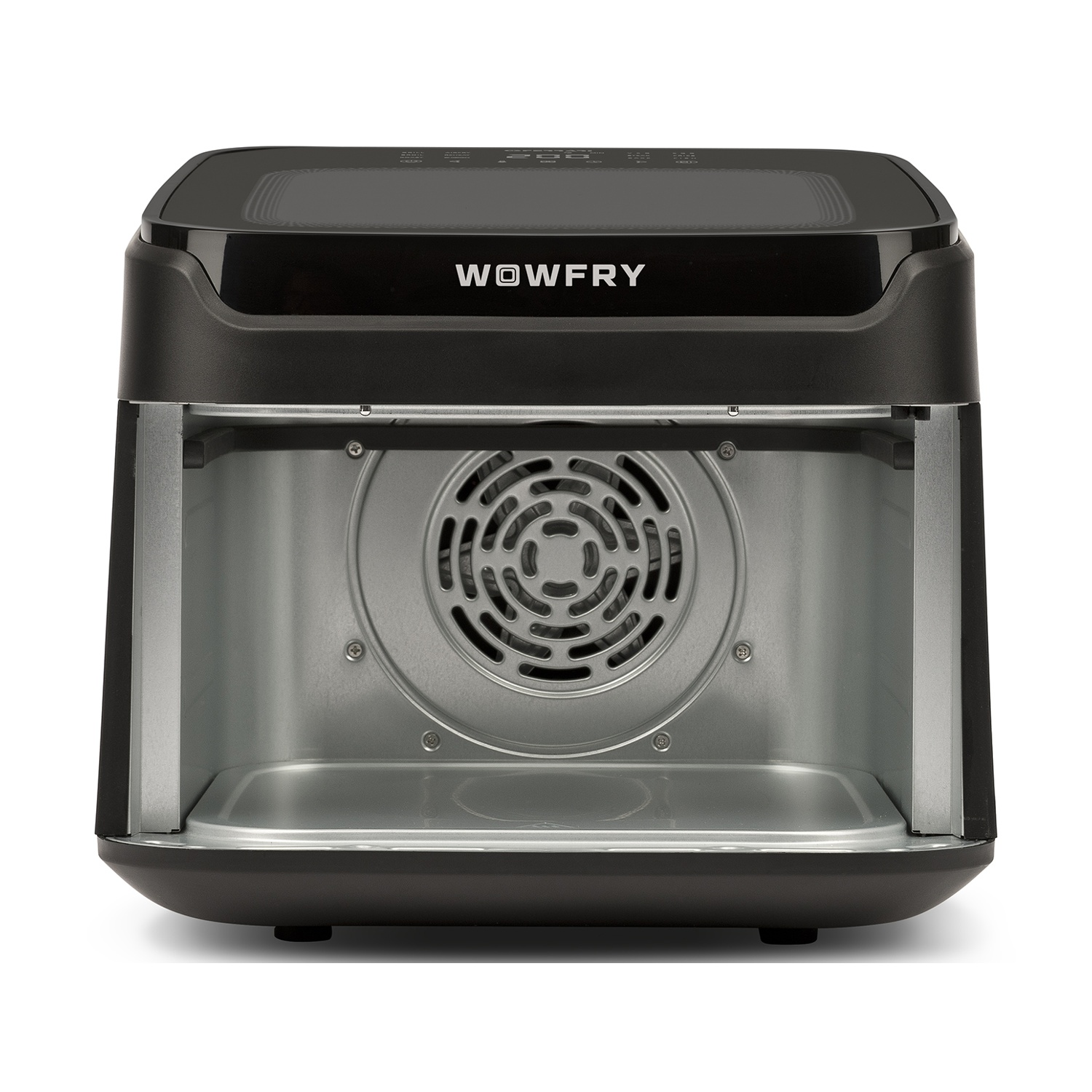Forno friggitrice ad aria nero Wowfry con vano aperto e ventola.
