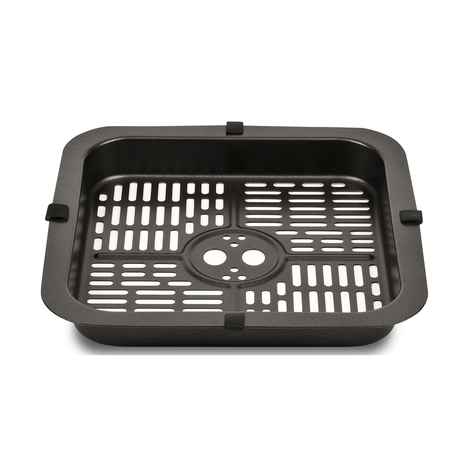 Un inserto nero rettangolare con fessure di ventilazione e maniglie.