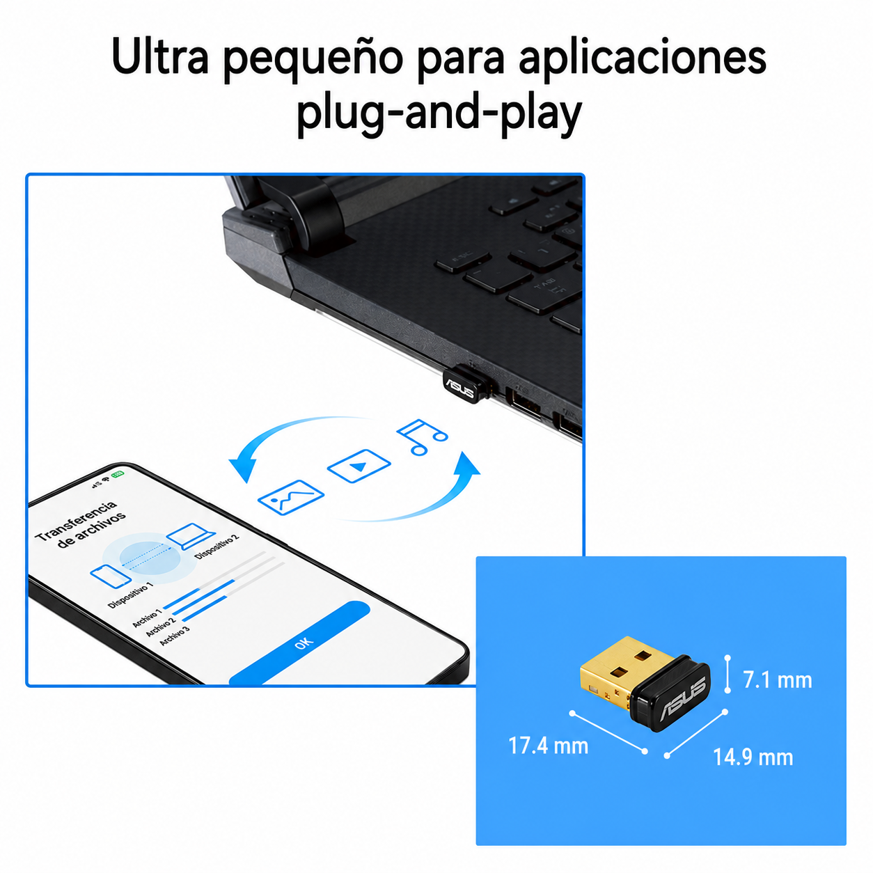 Un pequeño adaptador USB ASUS negro conectado a un portátil, mostrado con la pantalla de un teléfono.