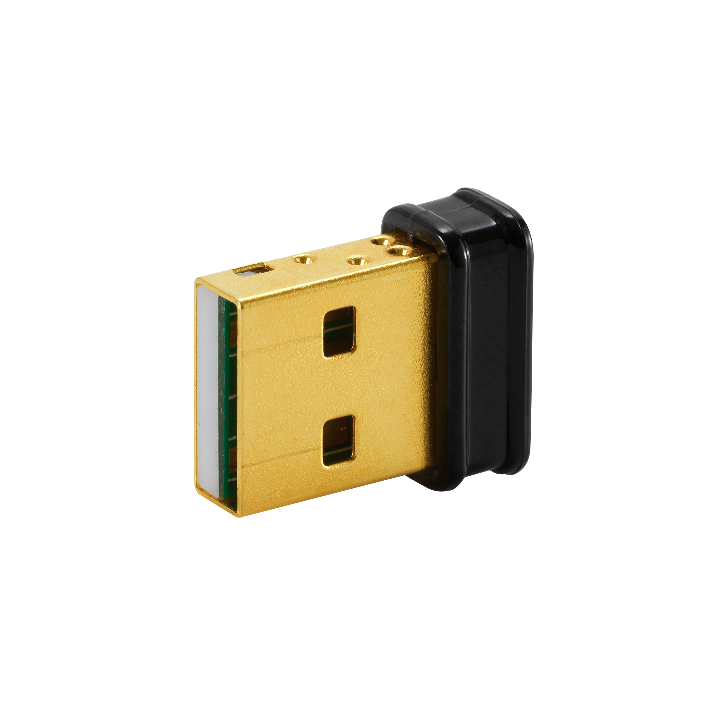 Adaptador USB dorado con conector negro sobre fondo negro.
