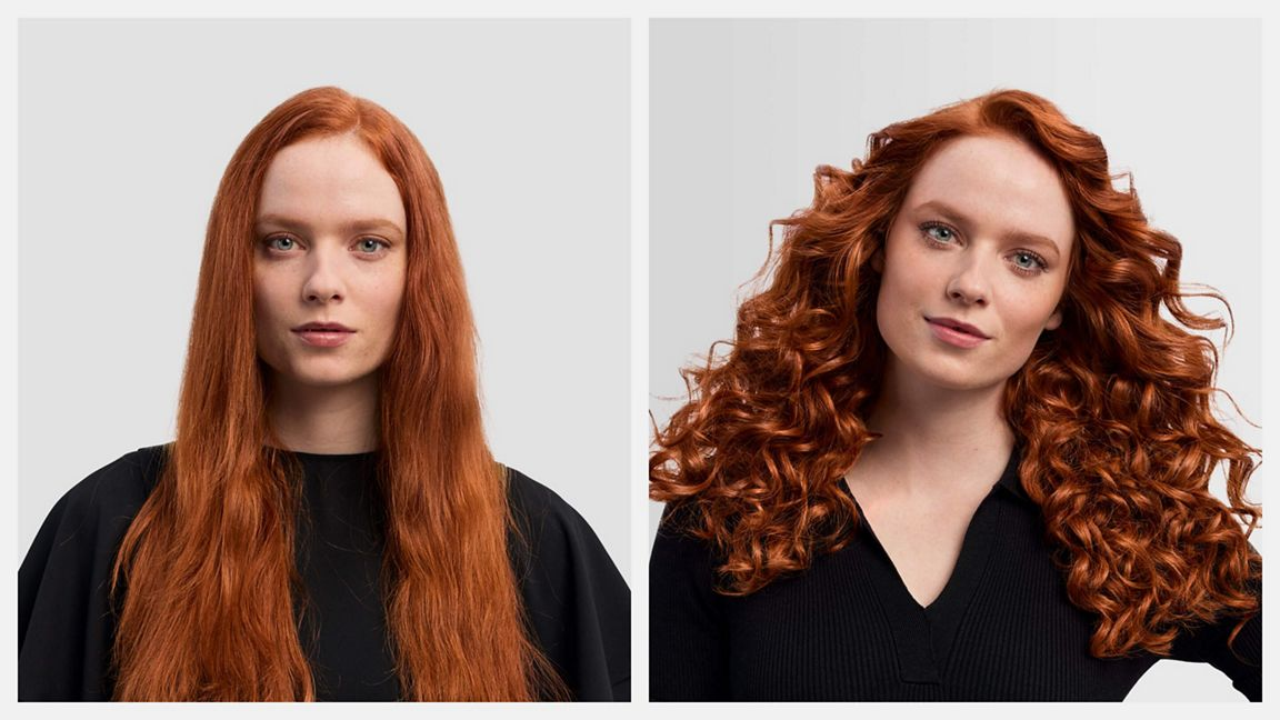 Prima: Donna con capelli rossi lunghi e lisci. Dopo: Donna con capelli rossi ricci e voluminosi.