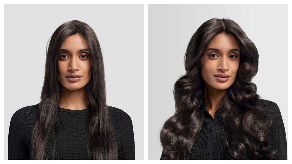 Donna con capelli lisci a sinistra e capelli mossi voluminosi a destra.