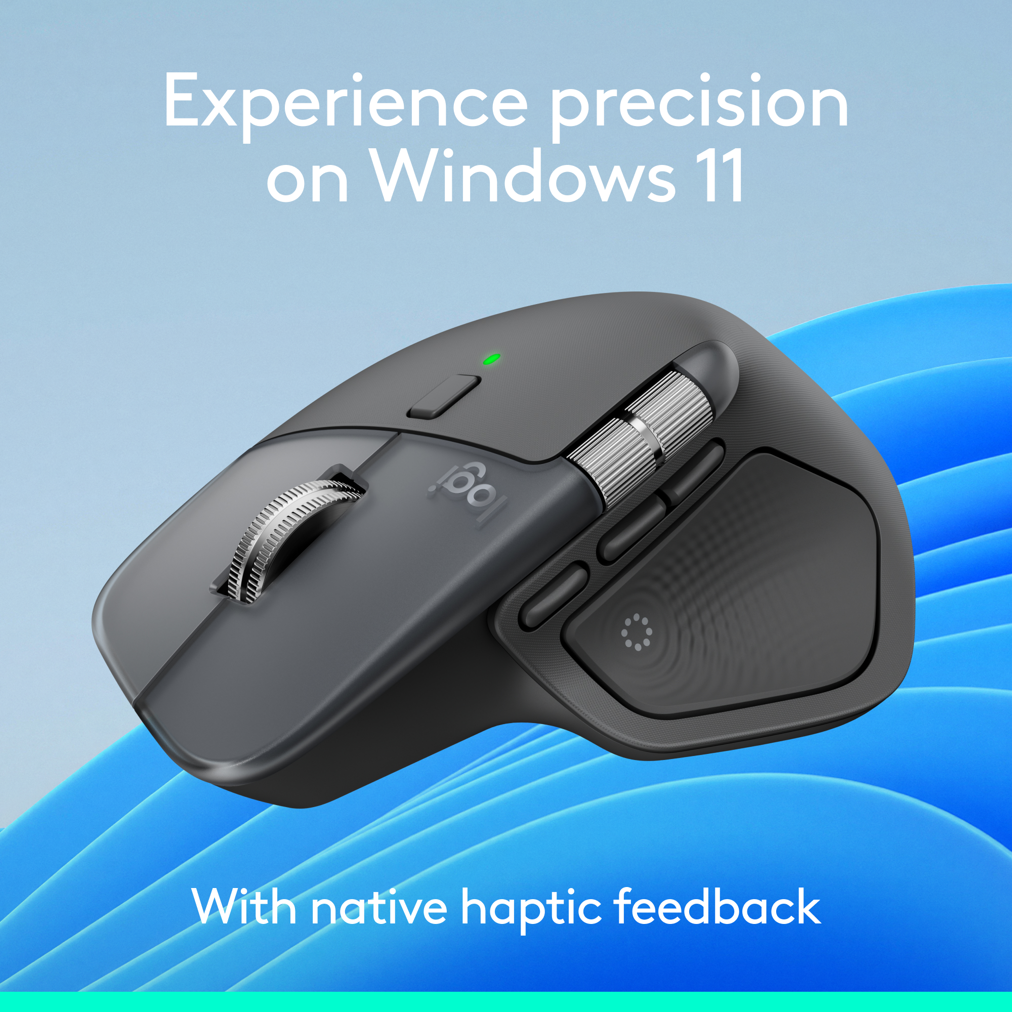 Souris Logitech grise avec molette de défilement sur fond bleu.