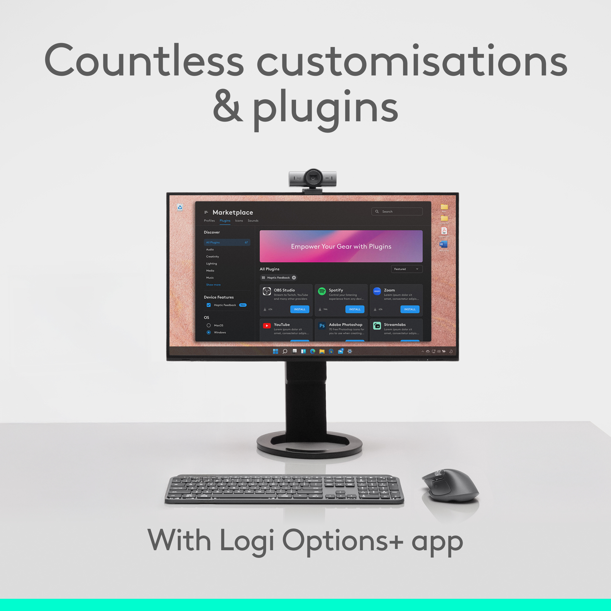 Moniteur d'ordinateur affichant le logiciel Logitech avec plugins, webcam, clavier et souris.