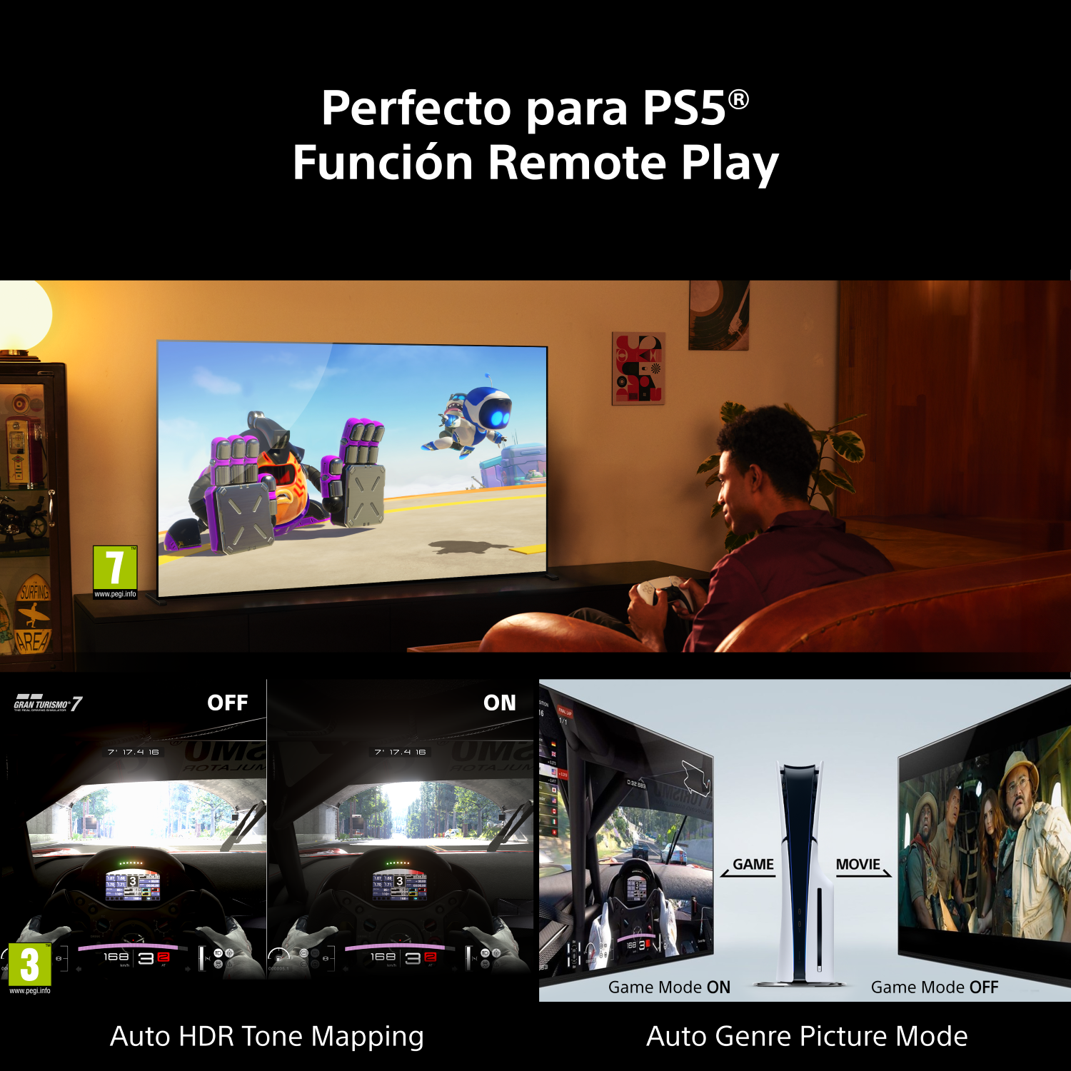 Hombre juega PS5 con modos juego y película. Izquierda juego de carreras, derecha película.