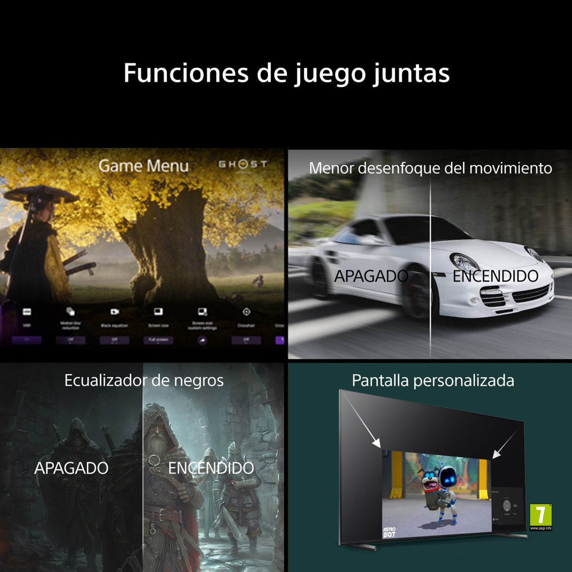 Cuatro imágenes muestran funciones de juego: Menú, desenfoque, ecualizador, pantalla.