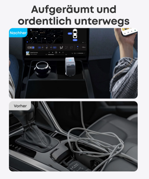 Vorher: unordentliches Kabel im Auto. Nachher: aufgeräumter Innenraum mit kleinem Gerät.