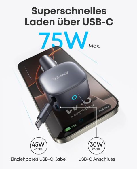 Anker USB-C Ladegerät mit 75W Leistung auf einem Smartphone.