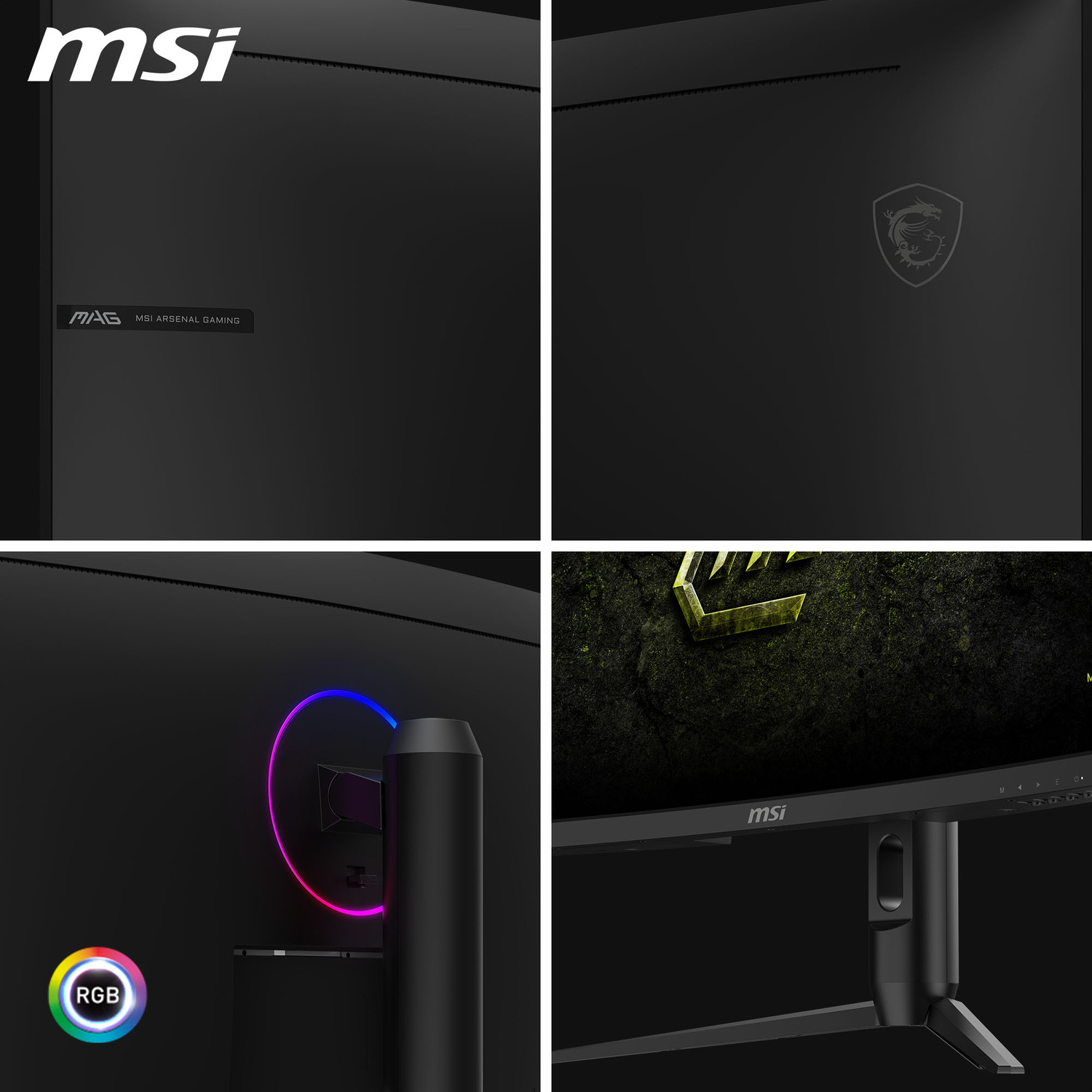Monitor MSI nero con illuminazione RGB e logo gaming.