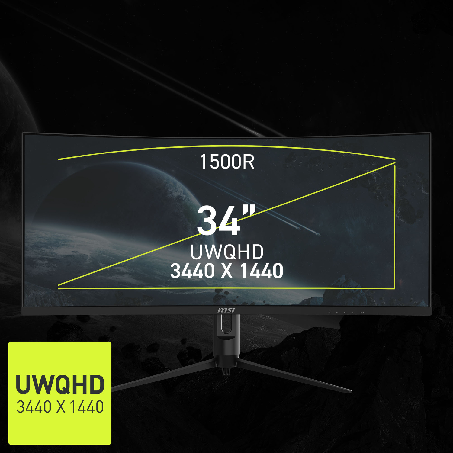 Monitor curvo MSI mostra risoluzione UWQHD 3440x1440 da 34" e curvatura 1500R.