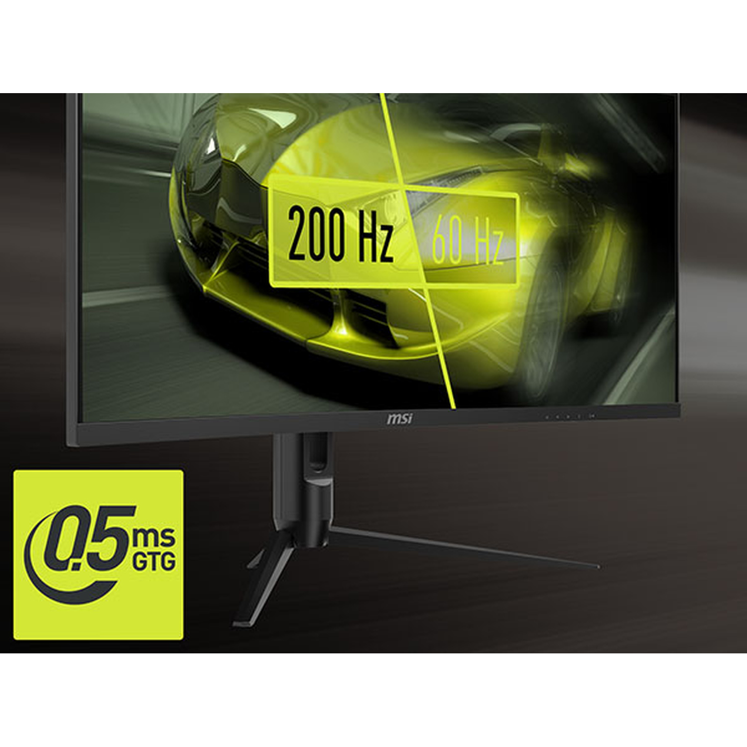 Un monitor da gaming mostra un'auto gialla con 200 Hz e 60 Hz. Un'icona 0,5 ms GTG è in basso a sinistra.