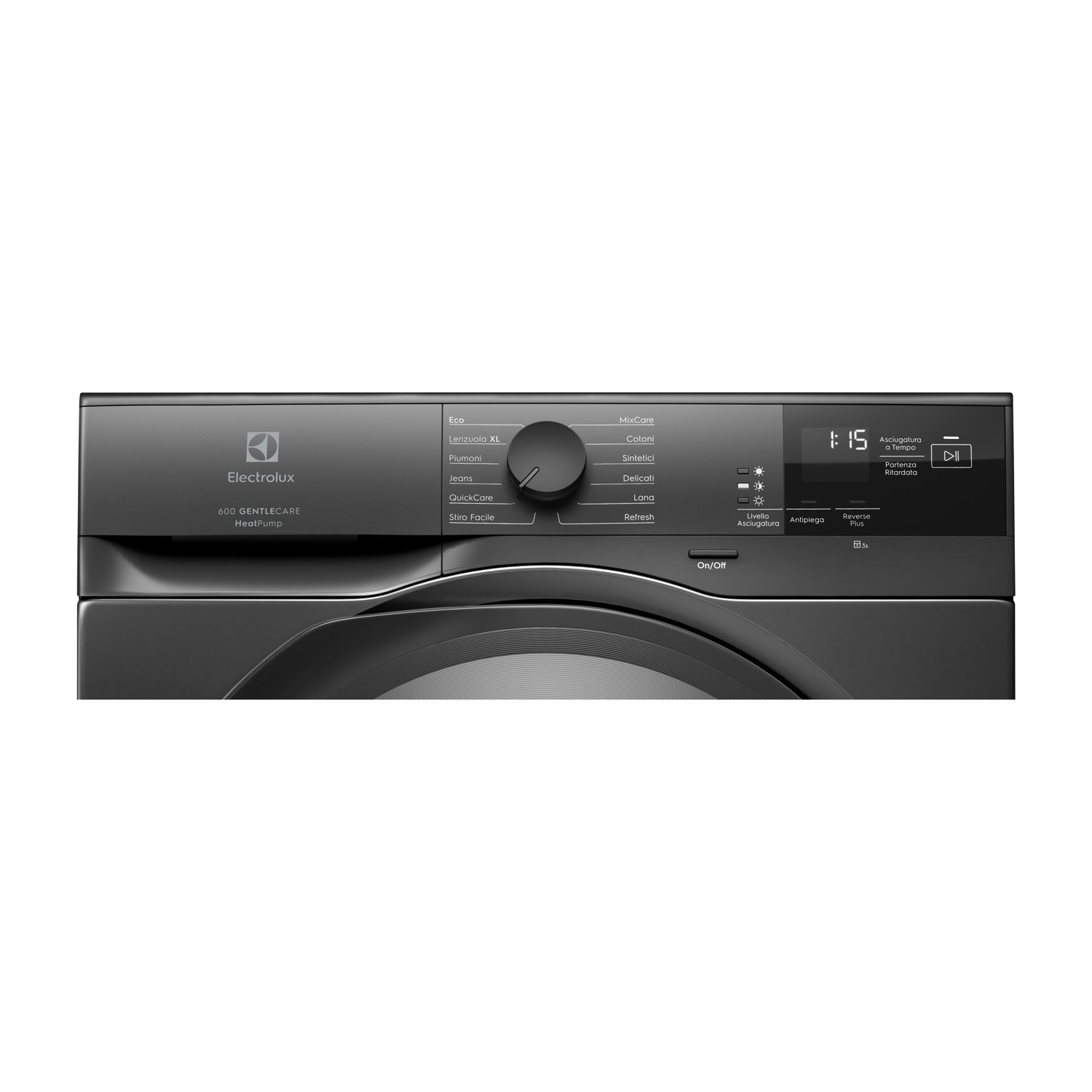 Primo piano del pannello di controllo e display di una lavatrice Electrolux scura.