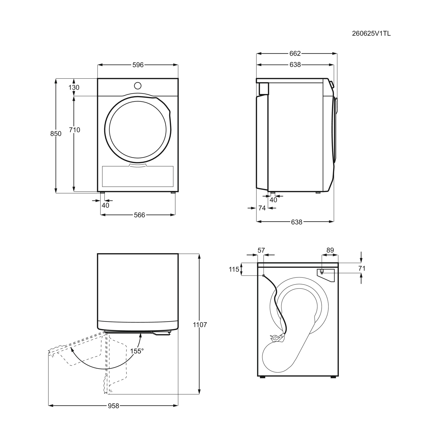 Disegno tecnico di una lavatrice con dimensioni in millimetri.
