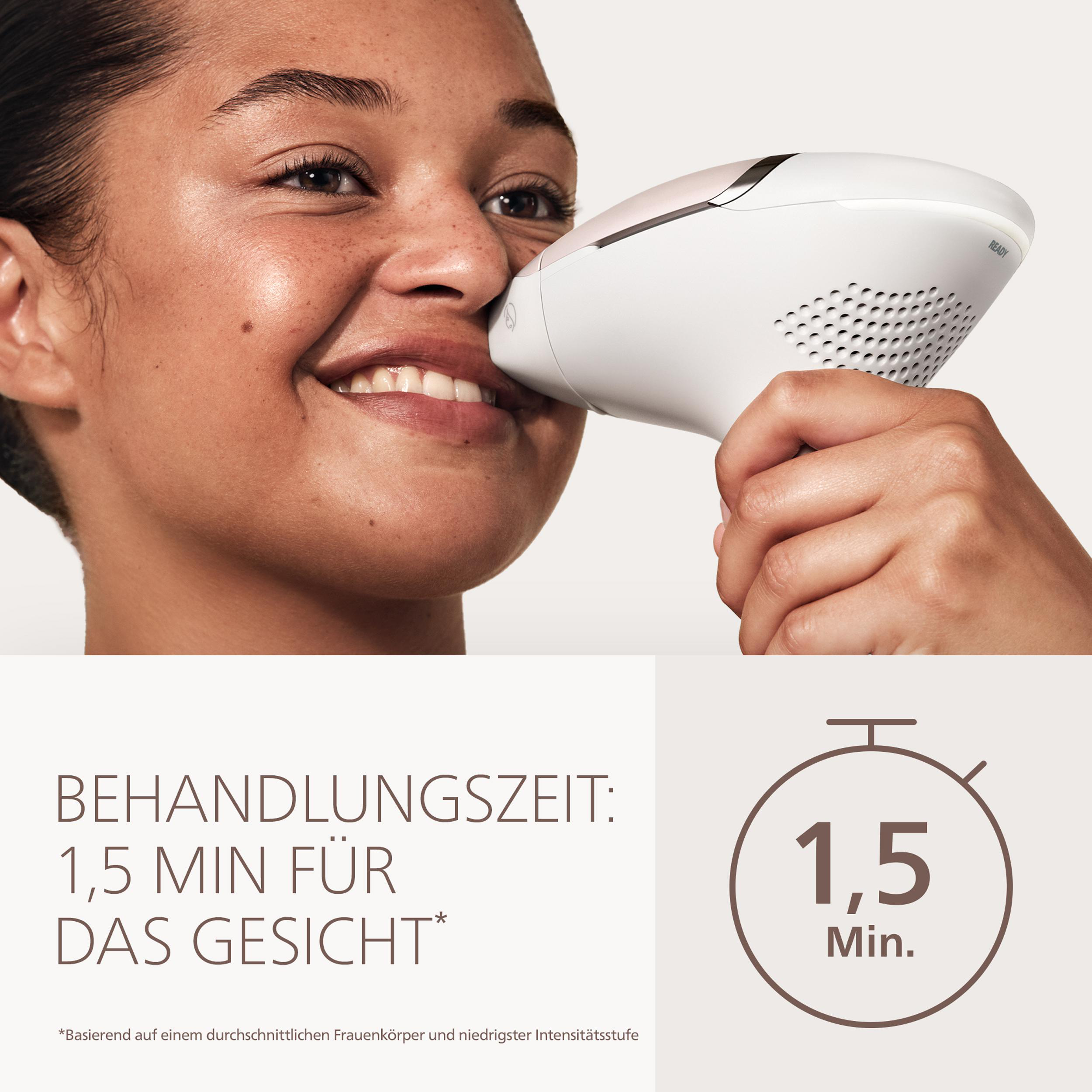 Eine Frau wendet ein IPL-Gerät auf ihrem Gesicht an. Behandlungszeit: 1,5 Min.