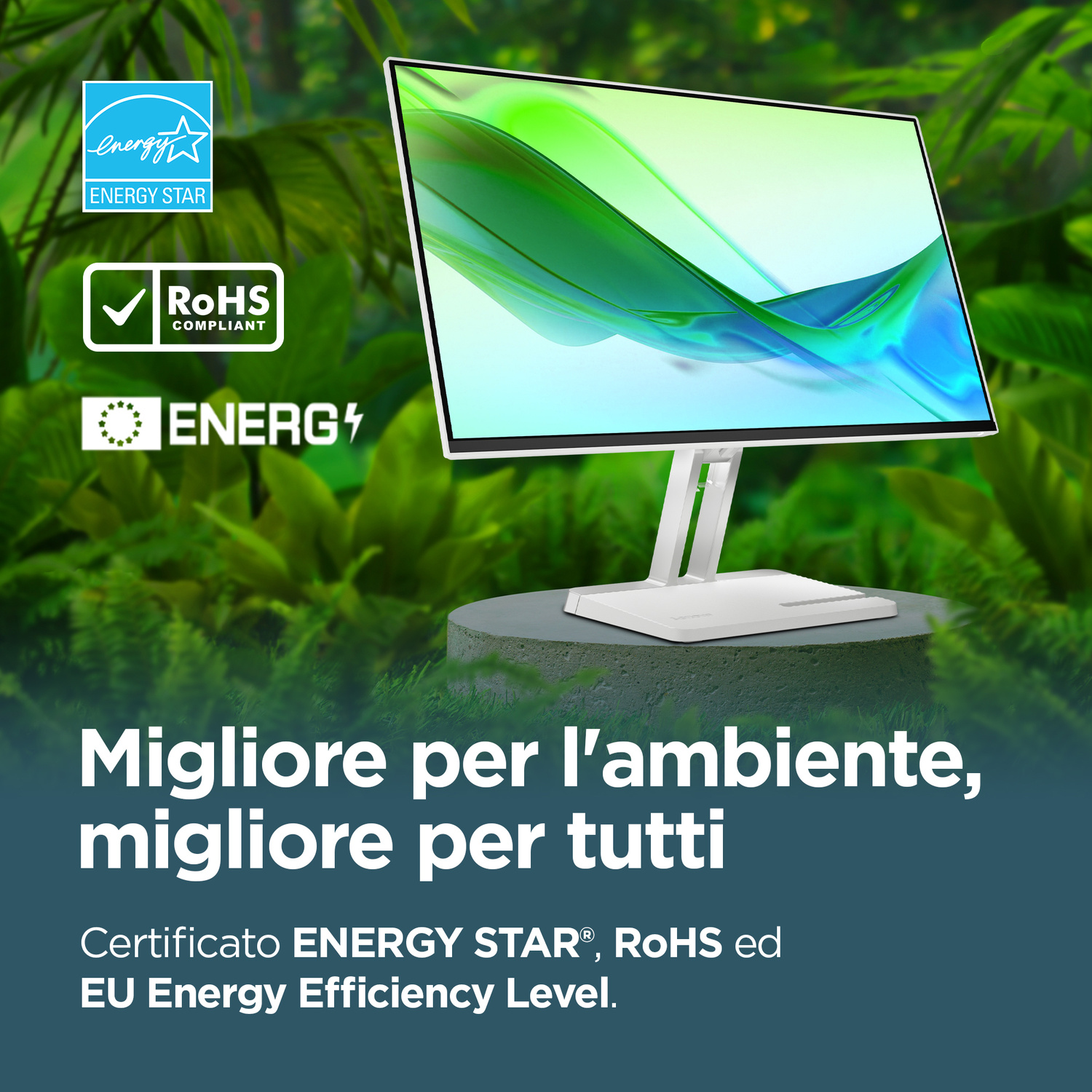 Un monitor con certificazioni ENERGY STAR e RoHS, su uno sfondo di vegetazione lussureggiante.