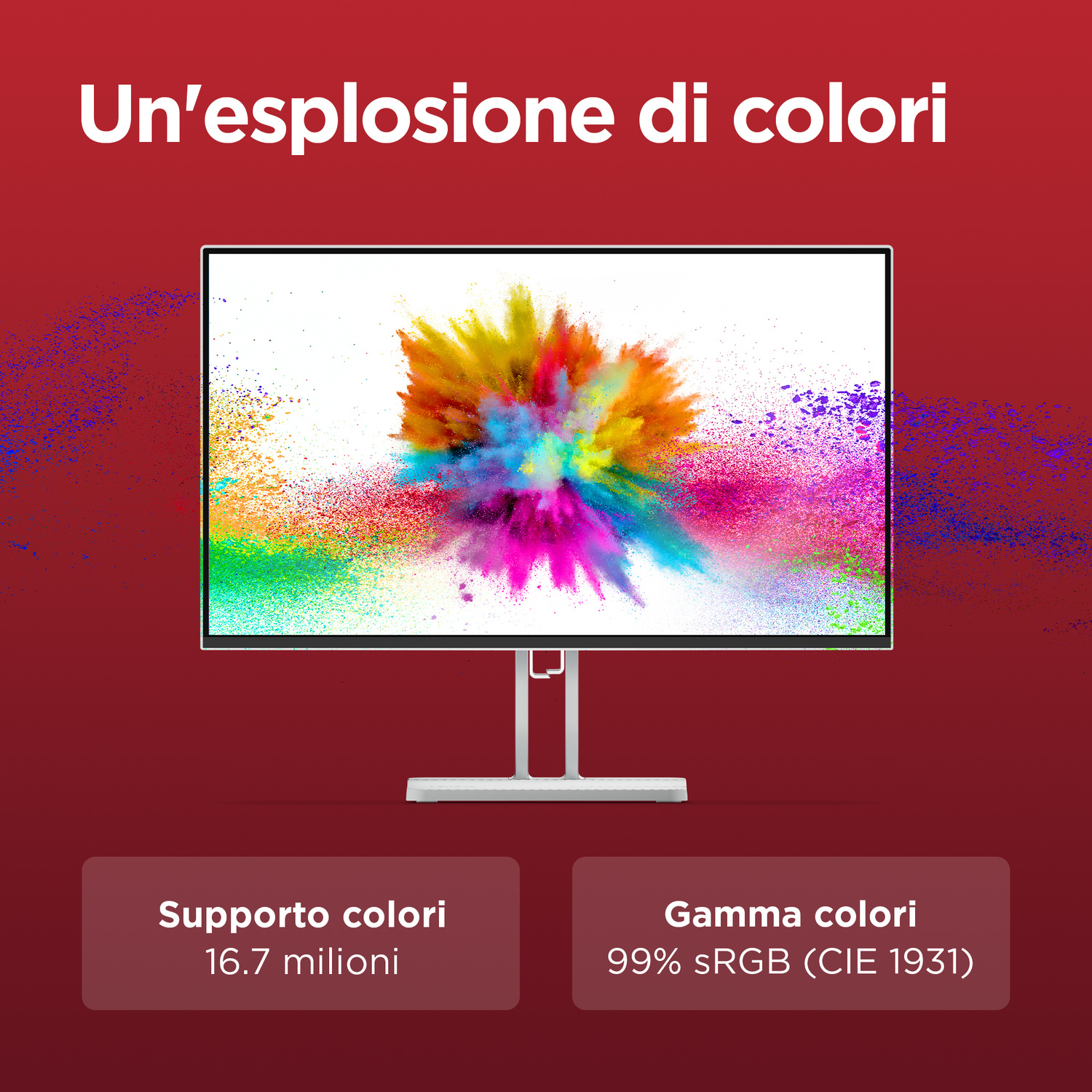 Un monitor mostra un'esplosione di polvere colorata, con testo su supporto e gamma colori.