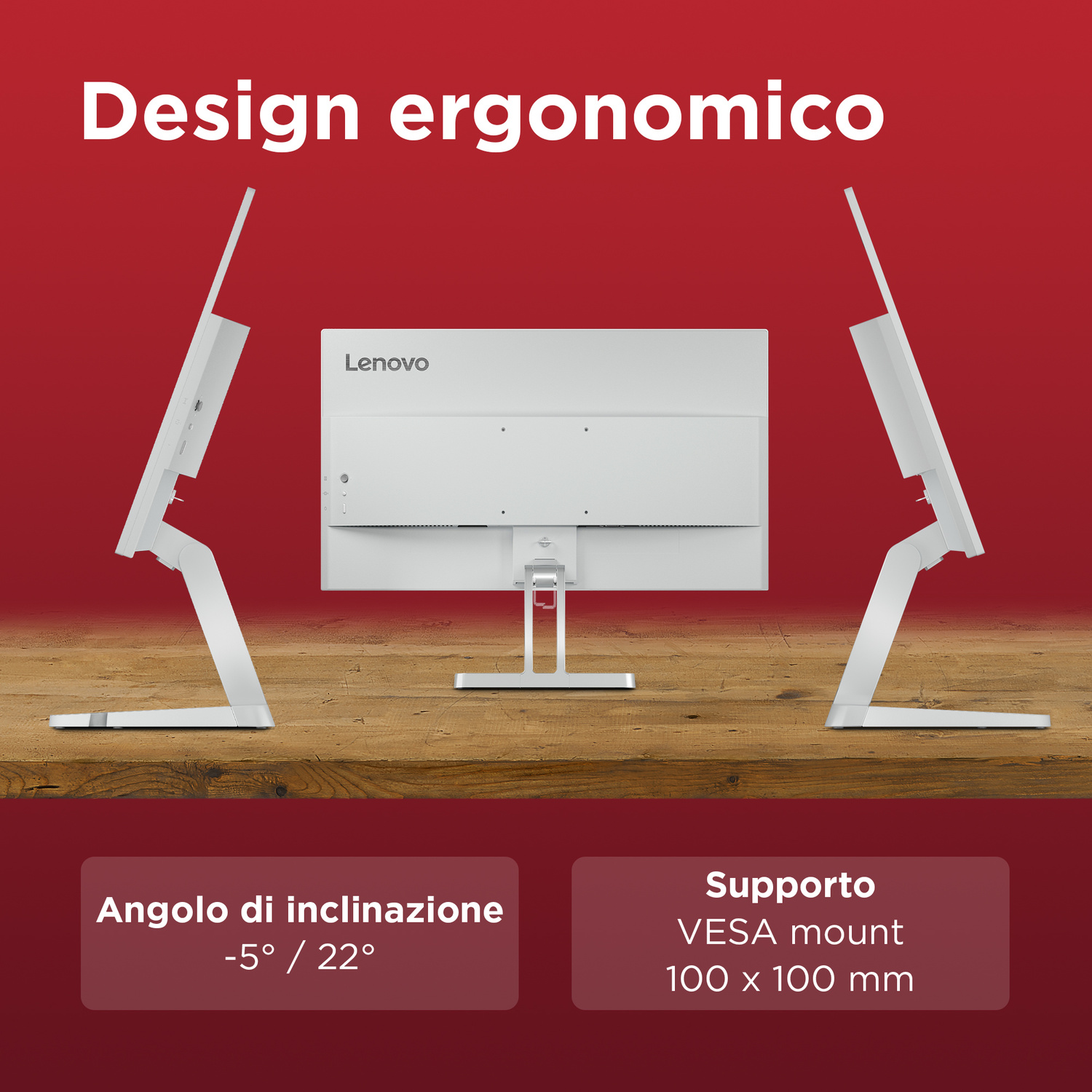 Design ergonomico: Monitor Lenovo bianco, inclinazione -5°/22°, VESA 100x100mm.