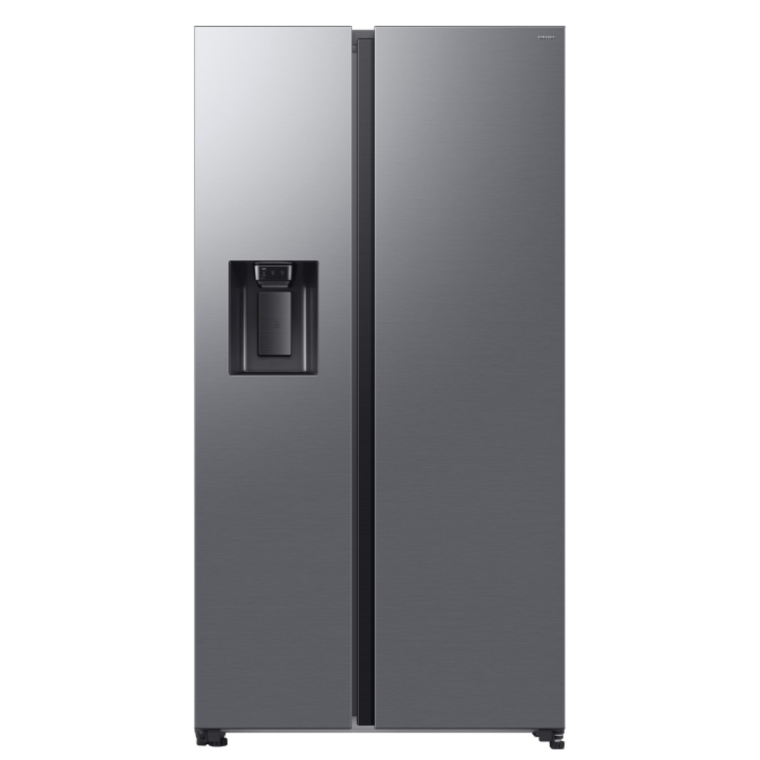 Un refrigerador Samsung moderno gris de doble puerta con dispensador de agua.