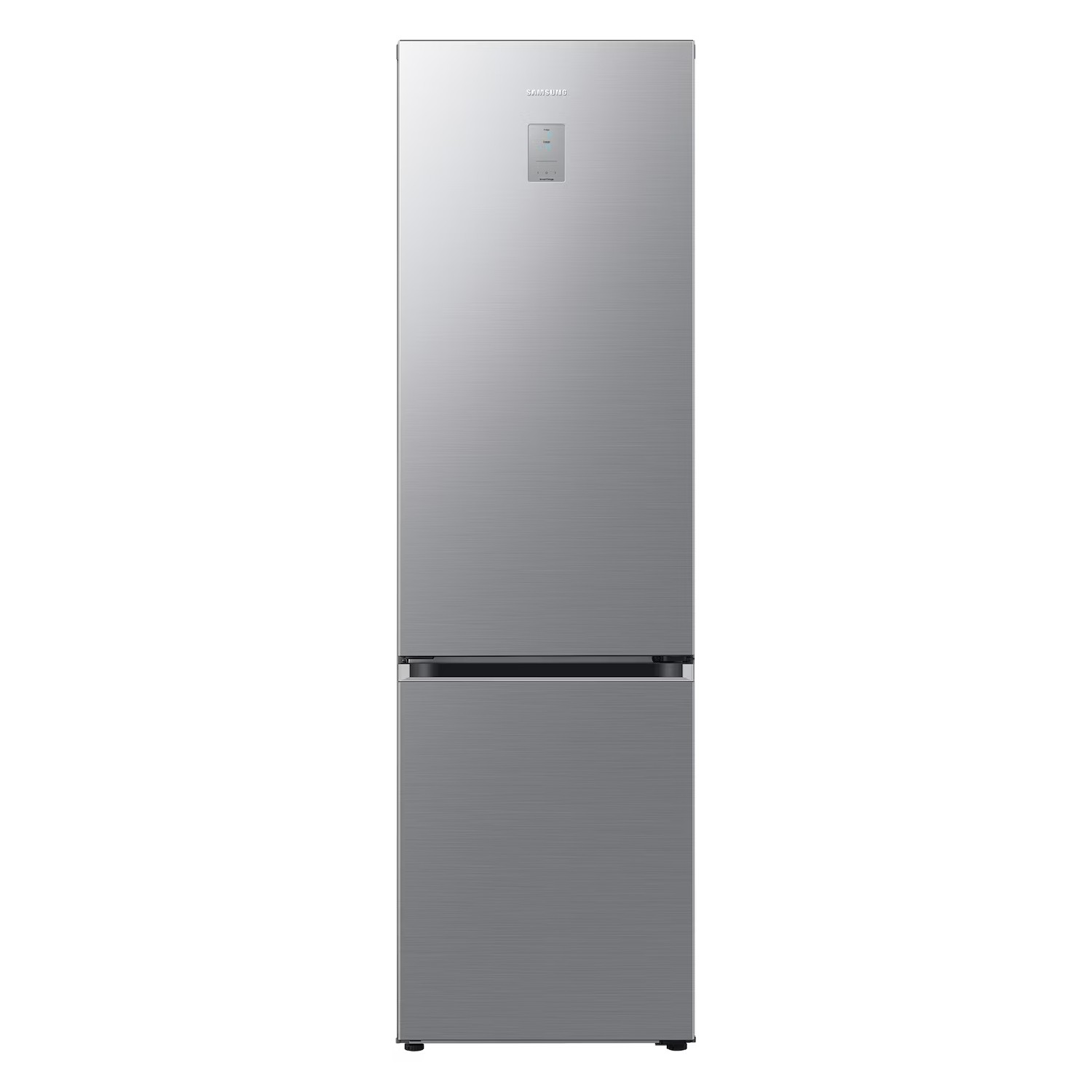 Un refrigerador Samsung plateado de dos puertas sobre fondo blanco.