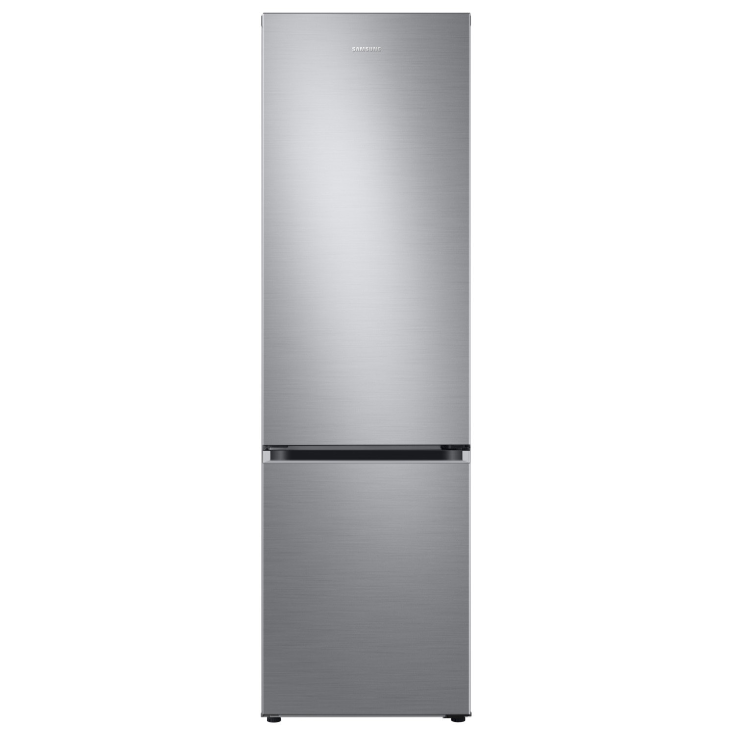 Un elegante refrigerador Samsung plateado de dos puertas sobre fondo blanco.