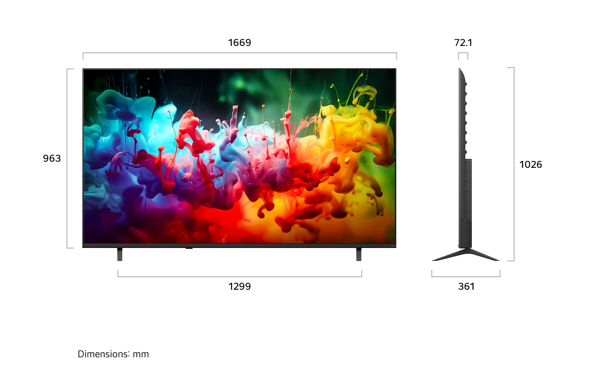 Una TV moderna con nuvole di inchiostro colorate, con dimensioni.